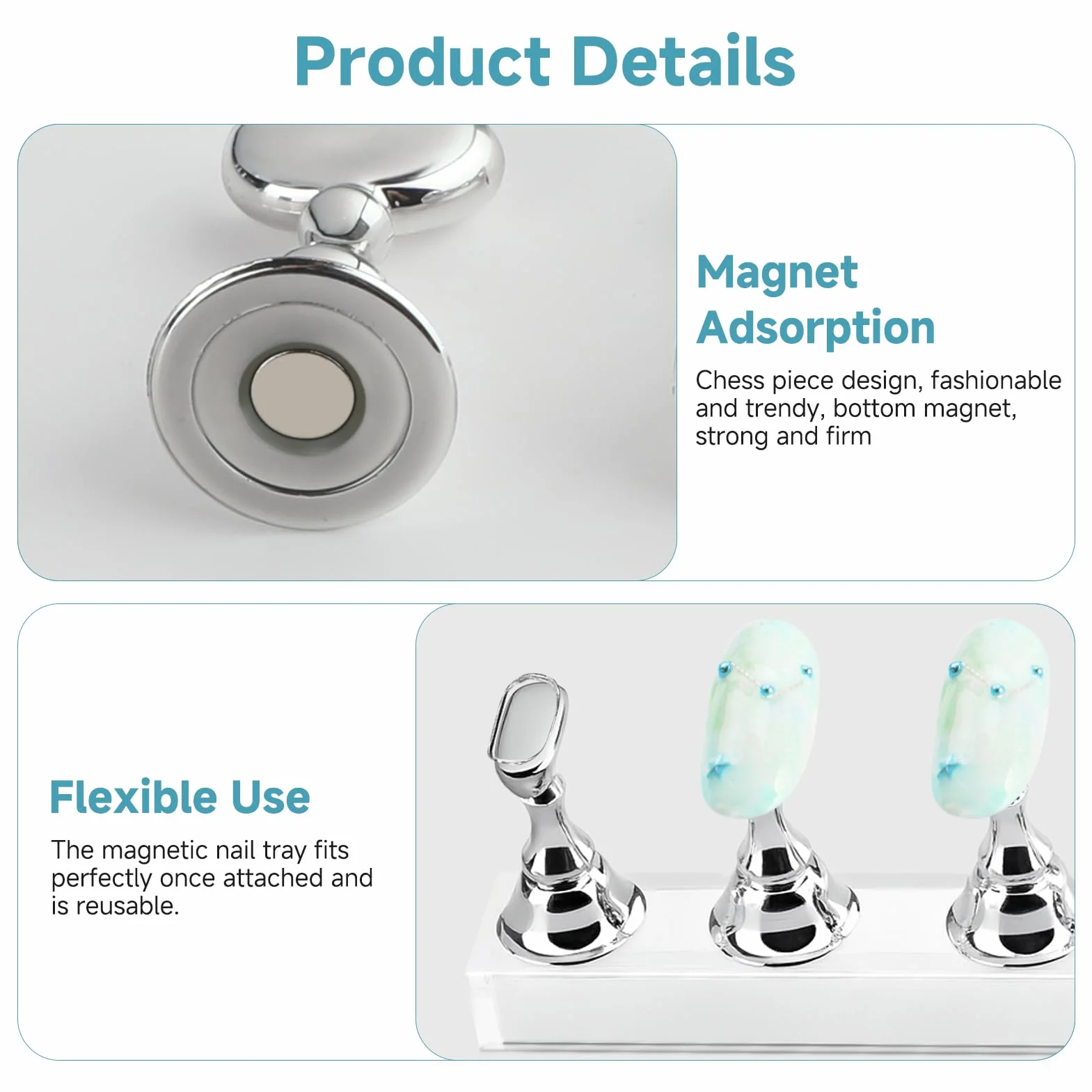 Supports Magnétiques pour Faux Ongles avec Base Acrylique et 100 Autocollants, Présentoir Nail Art Argent