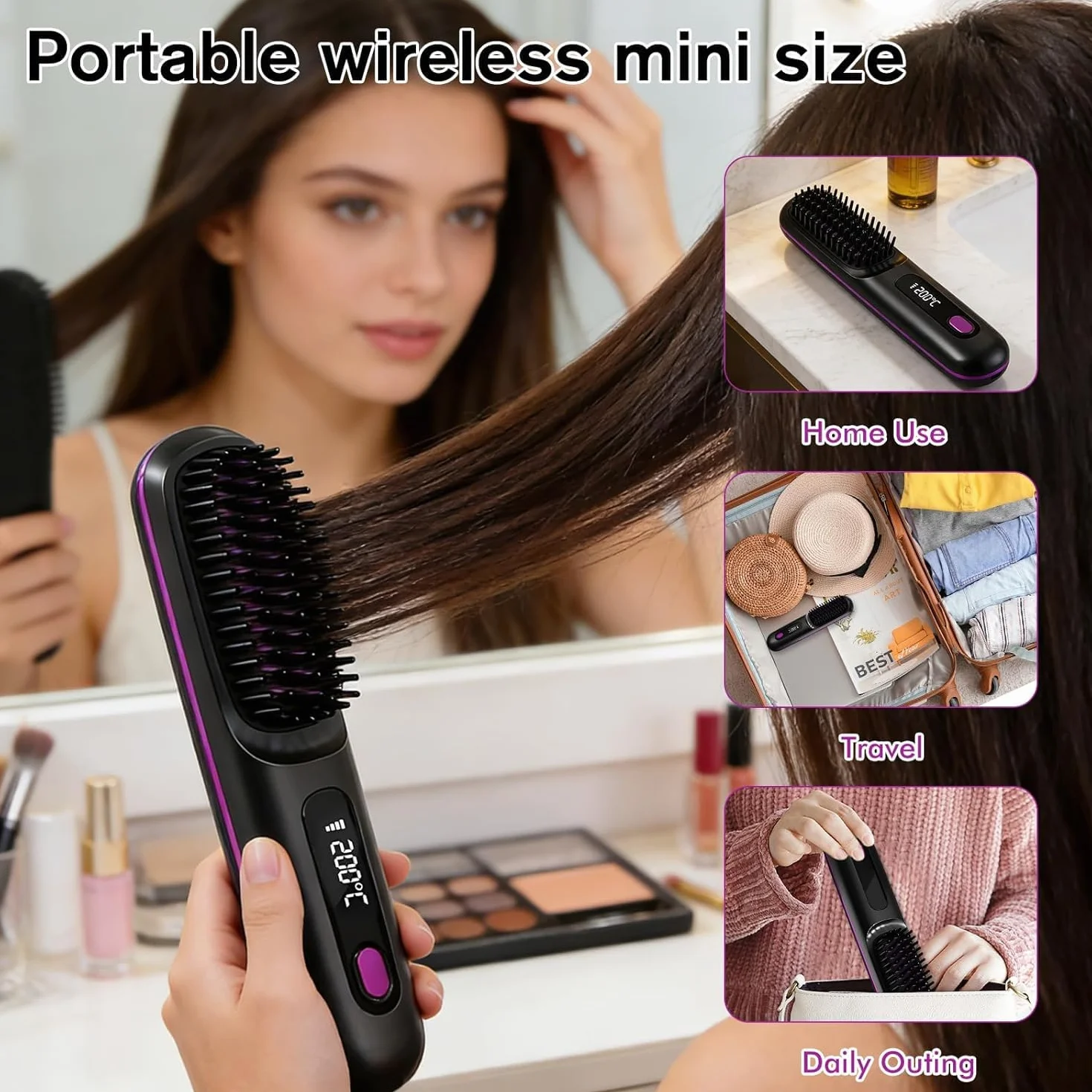 Brosse coiffante électrique sans fil pour cheveux courts, lissante avec affichage LED, 3 niveaux de température