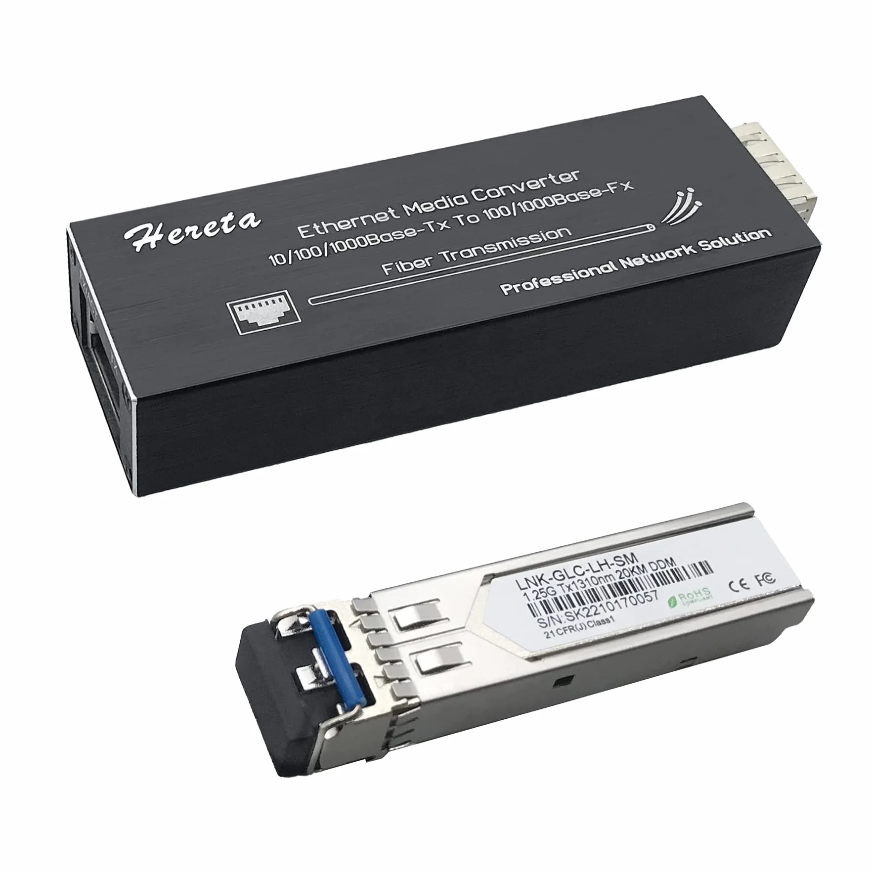 Convertisseur de média Gigabit Ethernet, Convertisseur de média à Fibre Optique avec 1,25G Monomode LC Double Fibre SFP Module, 10/100/1000M RJ45 à 1000Base-SX SFP, 1310nm, 20km