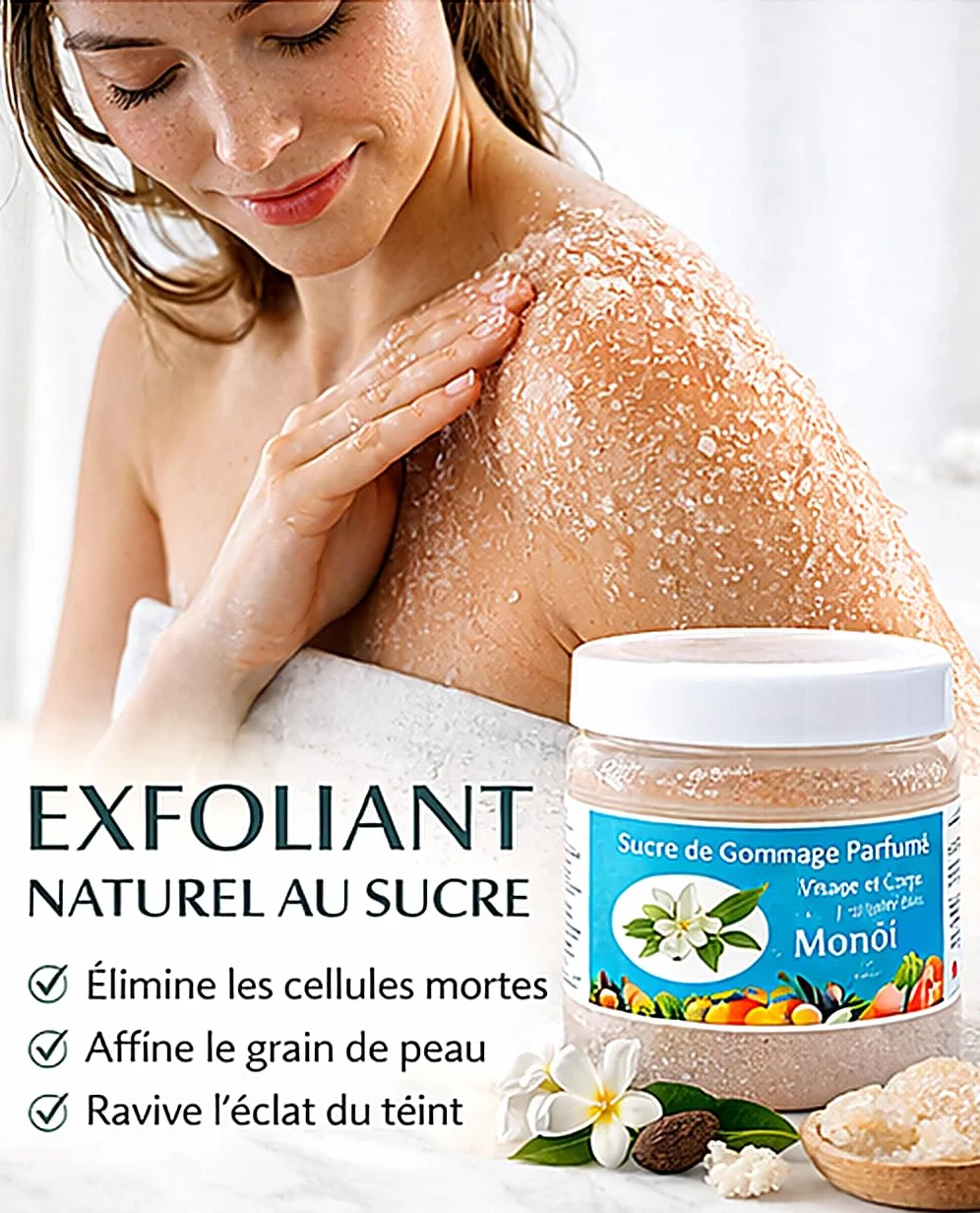 Sucre de Gommage Visage et Corps 600g deliktess® Exfoliant au Sucre Naturel & Beurre de Karité Bio – Body Scrub Hydratant Spa – 18 Parfums au choix (Monoï)