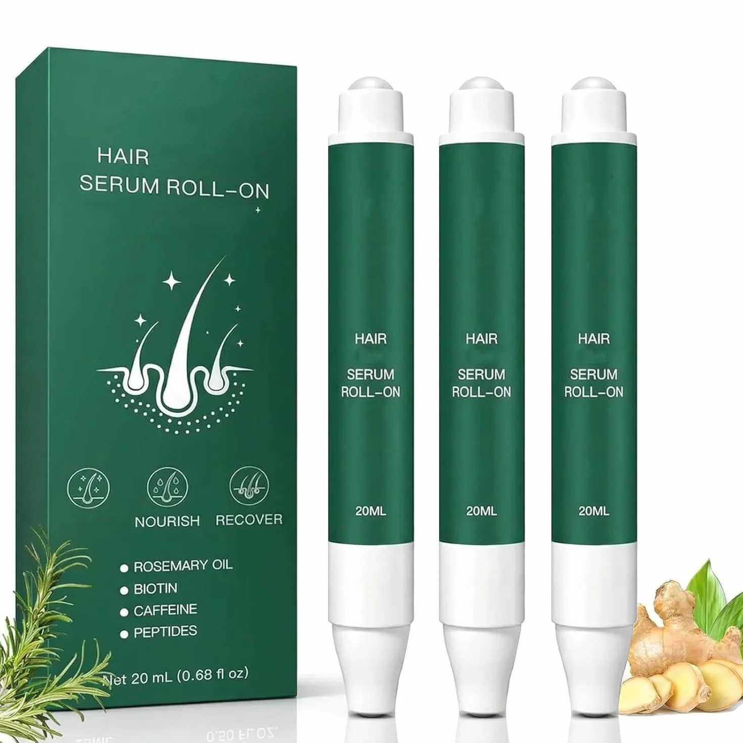 Roota Hair Growth Serum Roll-On Au Romarin Sérum Revitalisant Cheveux Plus Denses Anti-Chute Hommes Femmes 3 Pièce