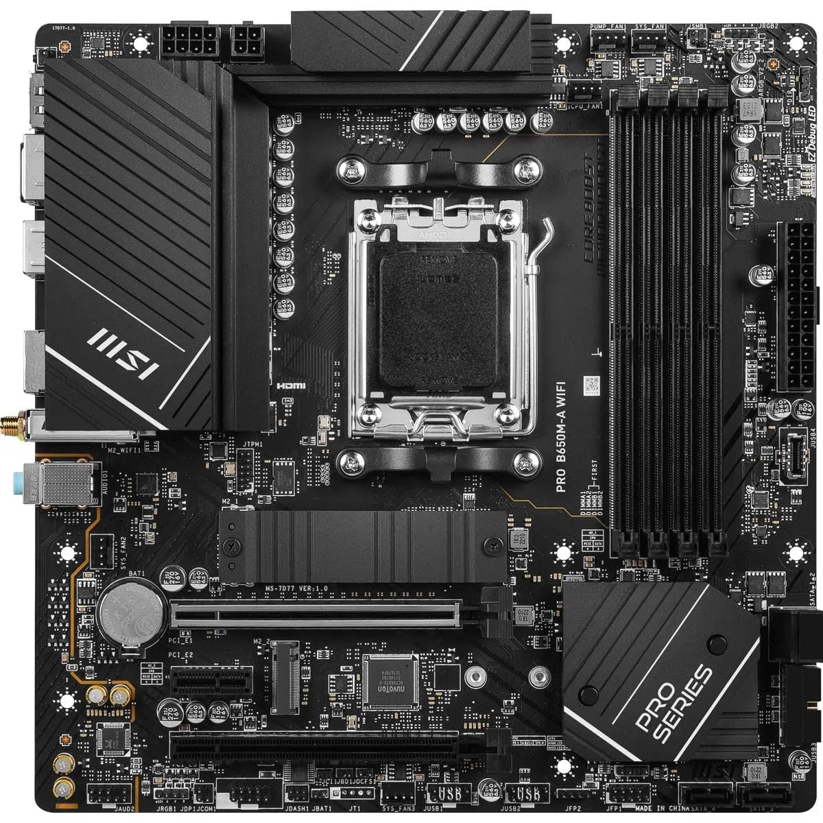 MSI Pro B650M-A WiFi ProSeries Carte mère AMD Ryzen 8000/7000, AM5, DDR5, PCIe 4.0, M.2, SATA 6 Go/s, USB 3.2 Gen 2, HDMI/DP, Wi-FI 6E, Bluetooth 5.3, LAN 2,5 Gbit/s, mATX