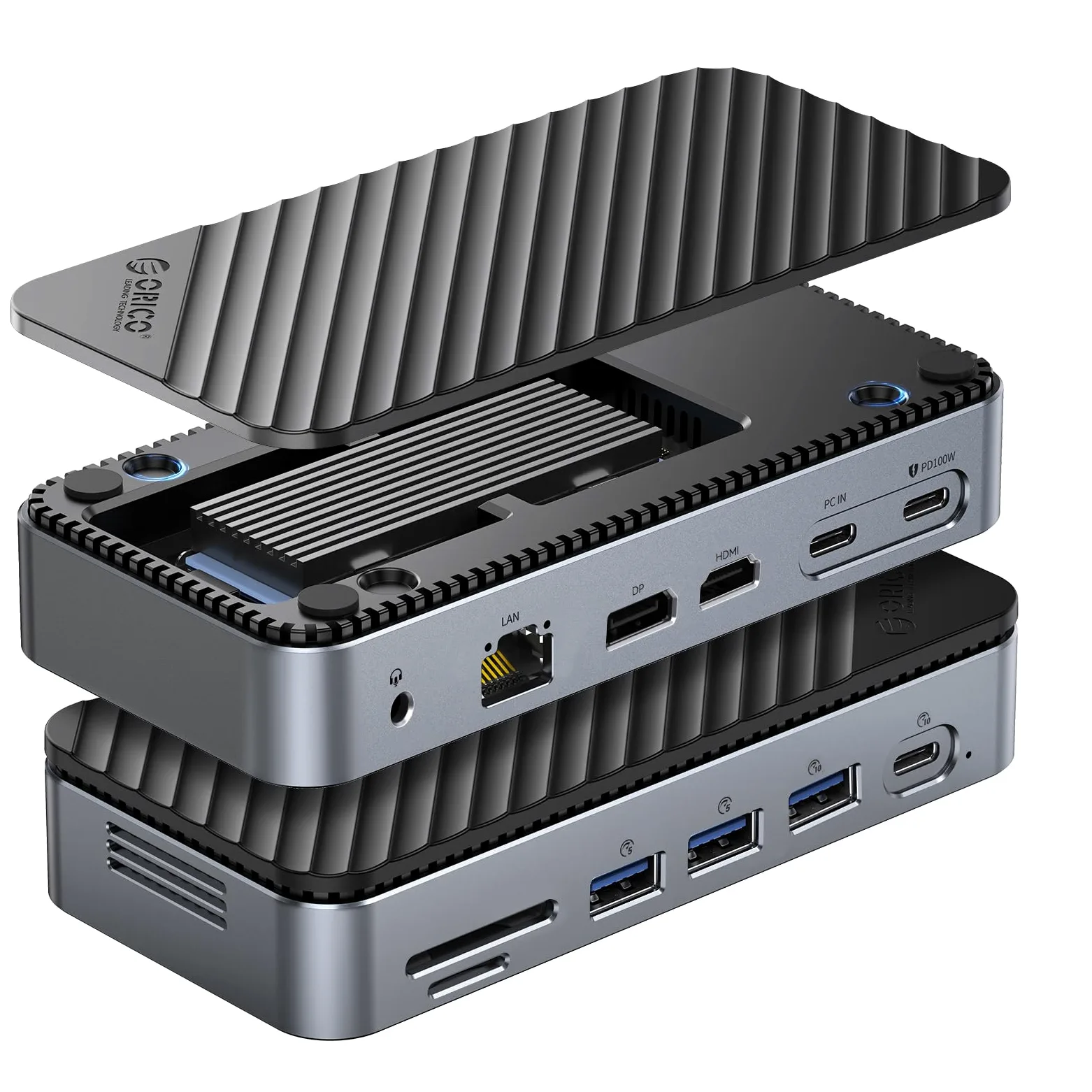 ORICO Hub USB C 12 en 1 avec boîtier M.2 SSD, Station d'accueil USB-C sans Outil avec Ventilateur, Docking Station HDMI,DP,RJ45,100 W PD, SD/TF, Audio/Mic, USB A&C 10 Gbps USB A&C 2 x 5 Gbps USB A