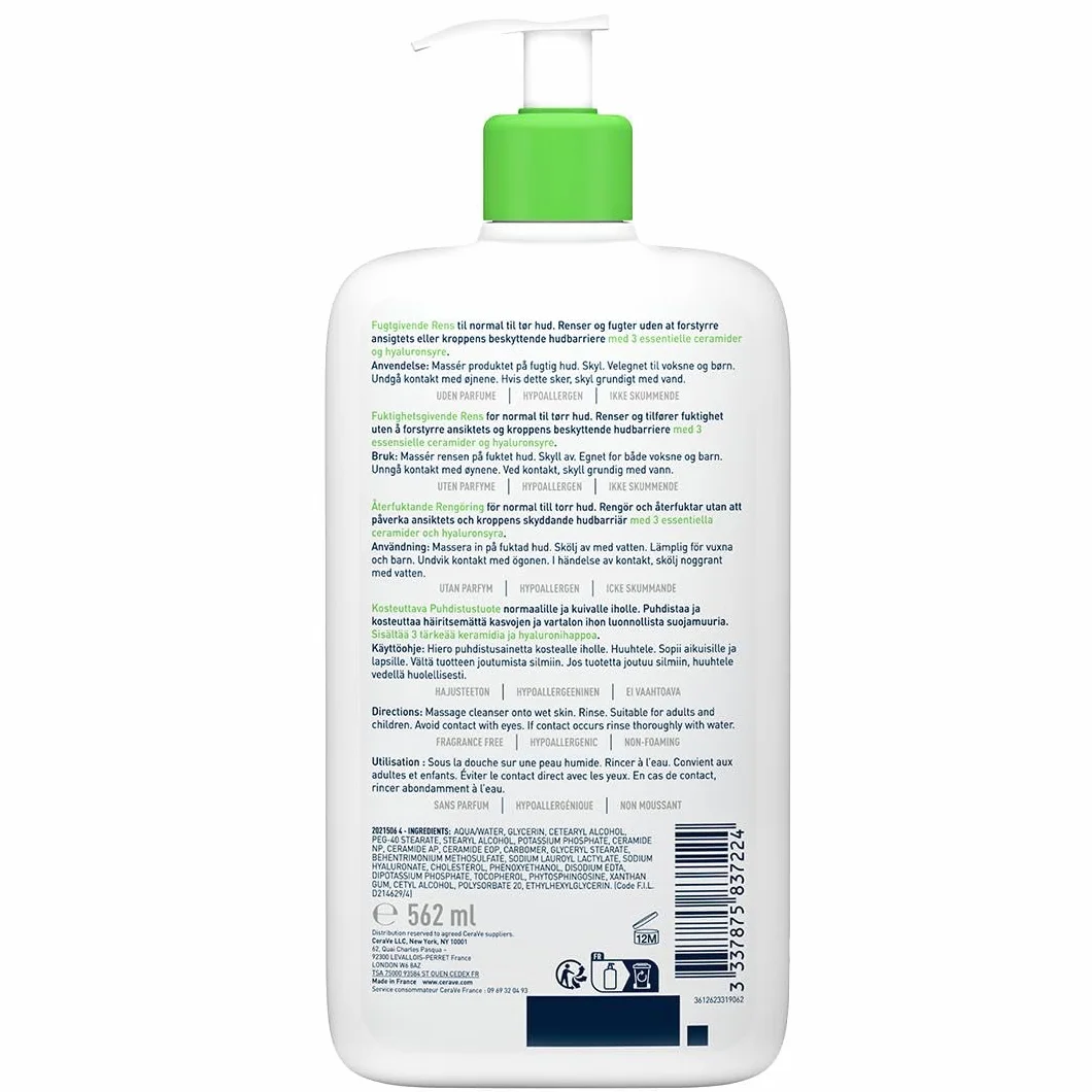 CeraVe Crème Lavante Hydratante Visage & Corps 562 ml Aux 3 Céramides Essentiels + Acide Hyaluronique Peau Normale à Sèche