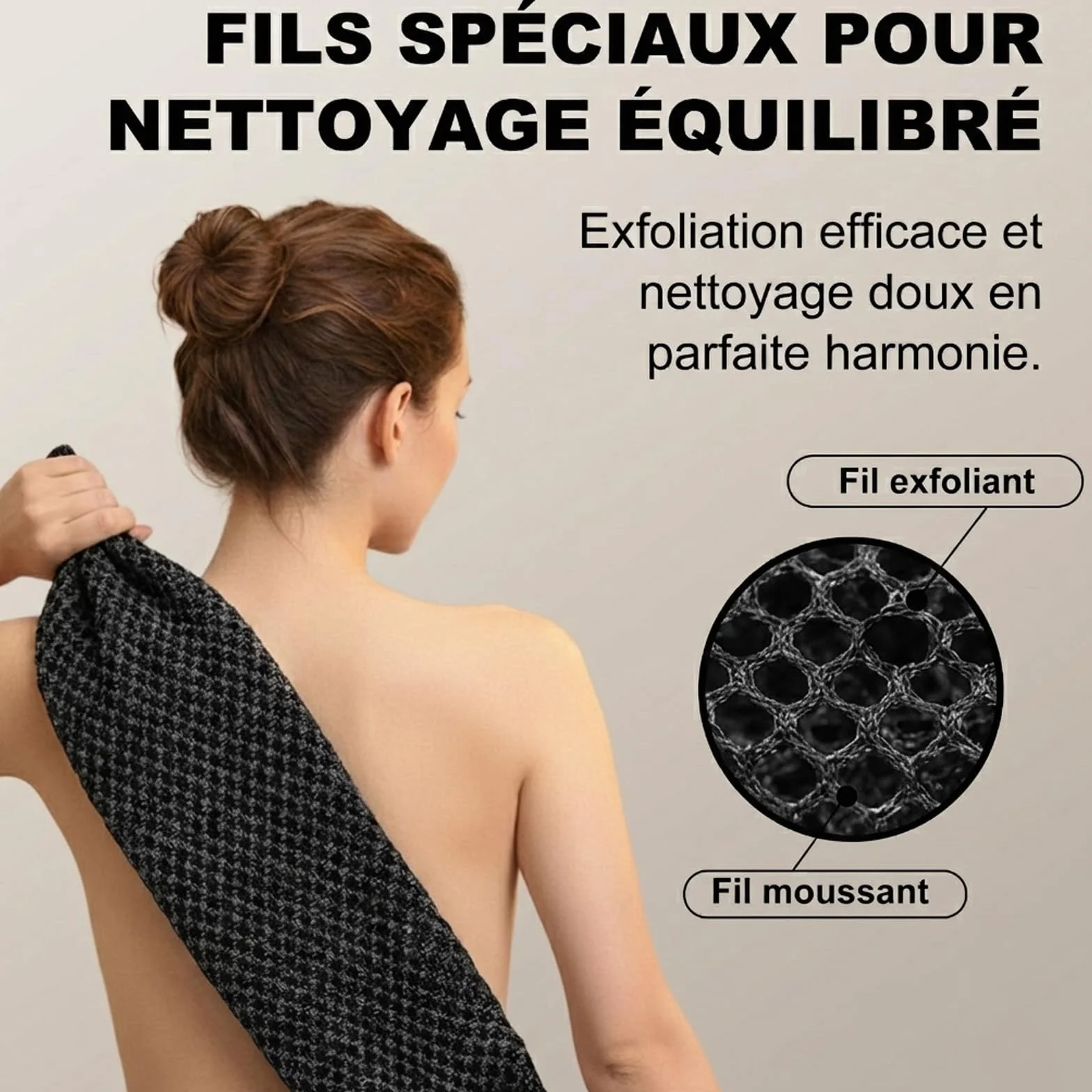Serviette de Douche Exfoliante Ecovia Fibres de Bambou Charbon Actif Exfoliation Douce Séchage Rapide Noir