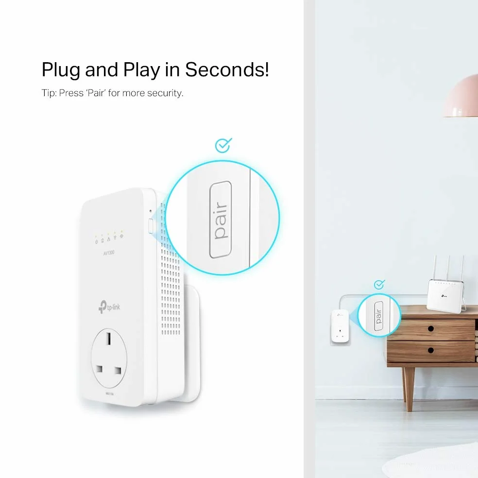 TP-Link Dual Band Gigabit AC1200 Powerline Adapter, Wi-FI Extender/Booster,Speed Up to 1300 Mbps, Extra Power Socket, Works with OneMesh, No Configuration Required, UK Plug (TL-WPA8631P),White