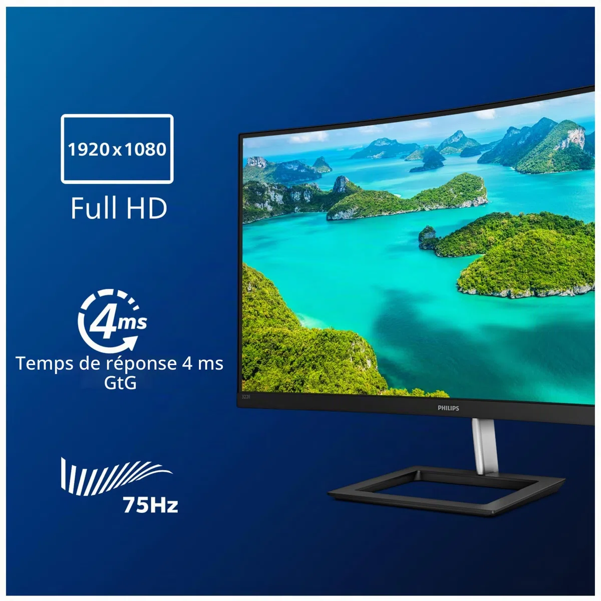 PHILIPS E Line 322E1C/00 écran Plat de PC 80 cm (31.5") Quad HD LCD Incurvé Noir - Écrans Plats de PC (80 cm (31.5"), 1920 x 1080 Pixels, Quad HD, LCD, 4 ms, Noir)