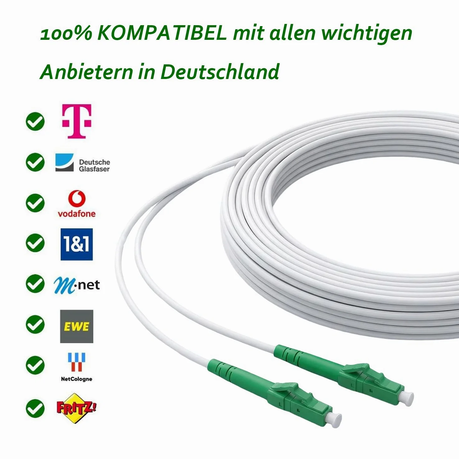 Elfcam® - Câble à Fibre Optique LC/APC à LC/APC Monomode Simplex, 9/125μm Jarretière Optique LSZH Blanc (70M)
