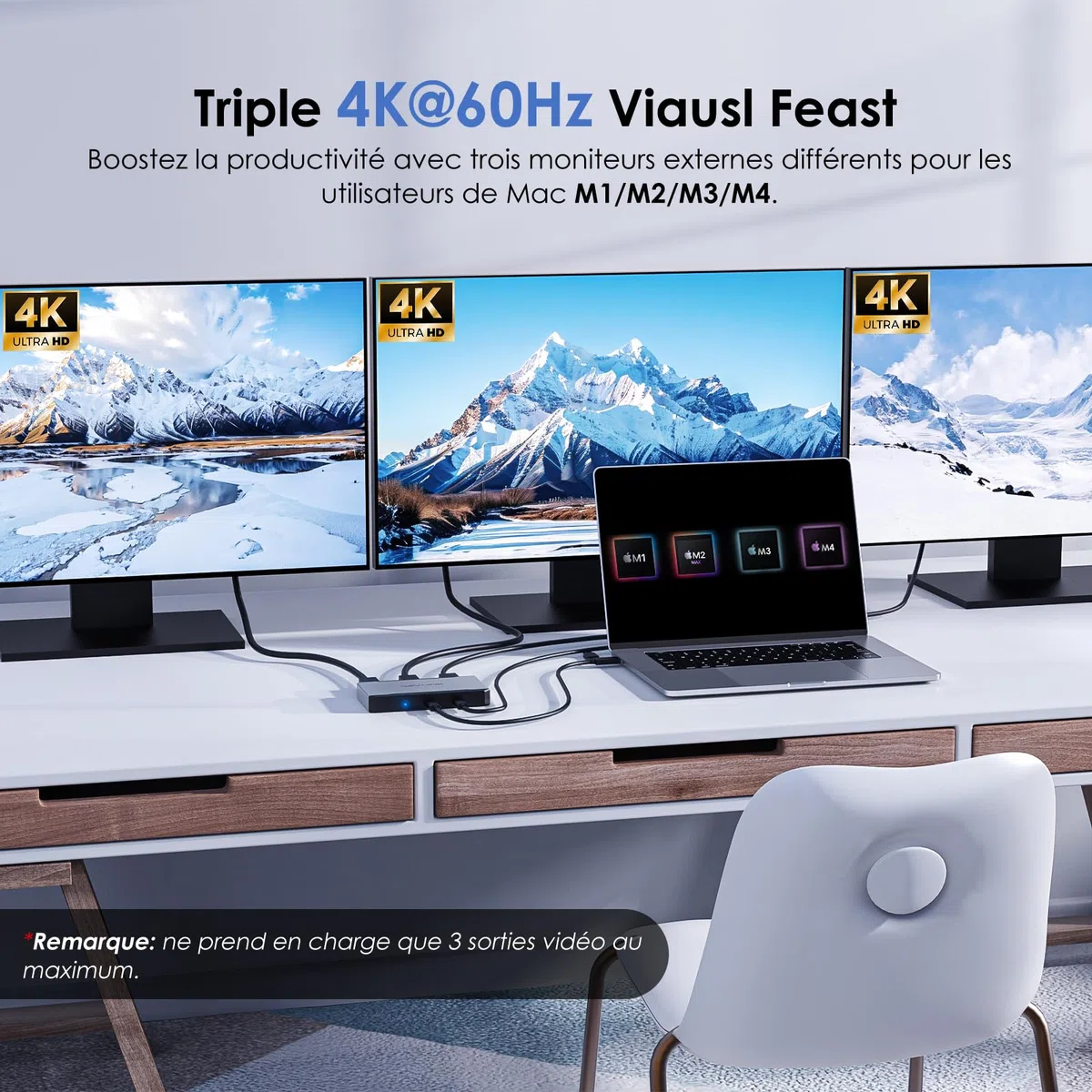 WAVLINK Station d'accueil pour 3 moniteurs, Adaptateur Triple Moniteur pour systèmes macOS Hôtes Type-C&A, 100W PD in, 3 HDMI 2 DP Disponibles,Triple 4K@60Hz,Pilote SMI et hôte USB3.2 Gen 2 requis