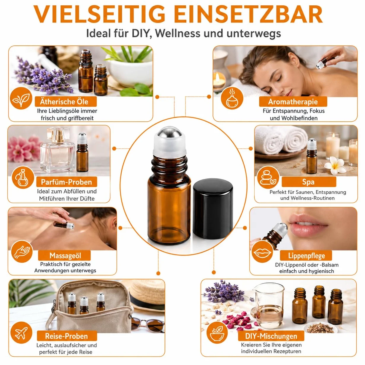 CYEER Lot de 50 Flacons Roll-on en Verre Ambré 2ml - Mini Bouteilles à Huiles Essentielles avec Billes en Acier Inoxydable