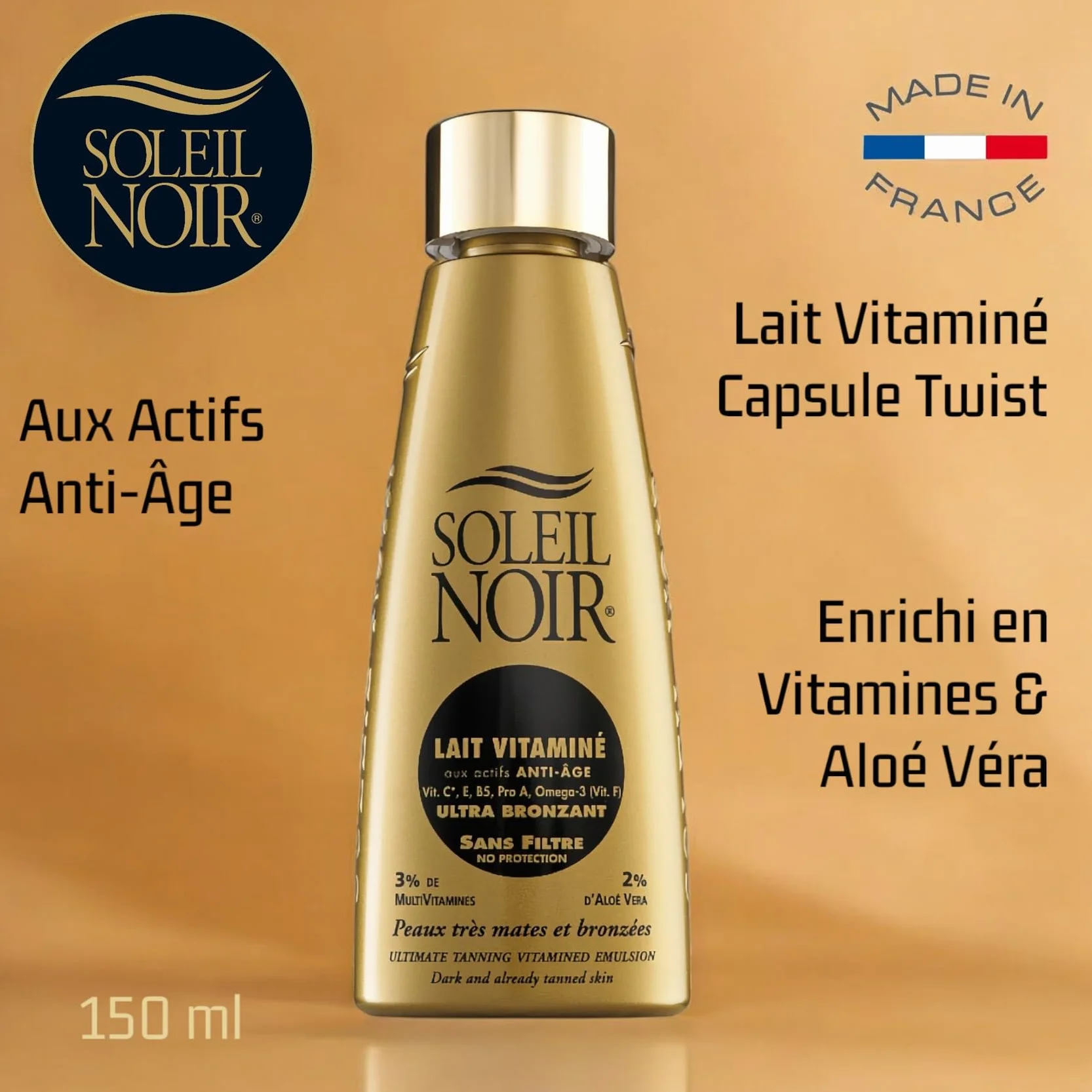 Soleil Noir Lait Corps Vitaminé Sans Filtre Ultra Bronzant Peaux Très Mates 150 ml