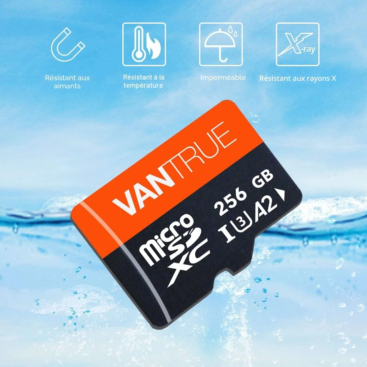 Vantrue Carte mémoire microSDXC UHS-I U3 4K 256Go avec Adaptateur