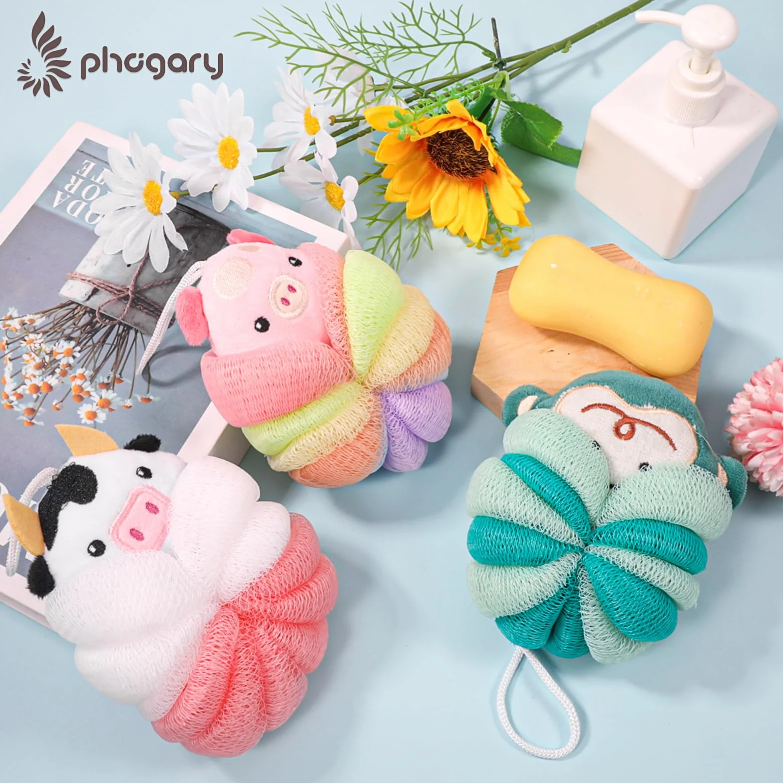 PHOGARY Lot de 3 Fleur de Douche Lavable pour Enfants, Éponges Luffa en Forme d'Animal