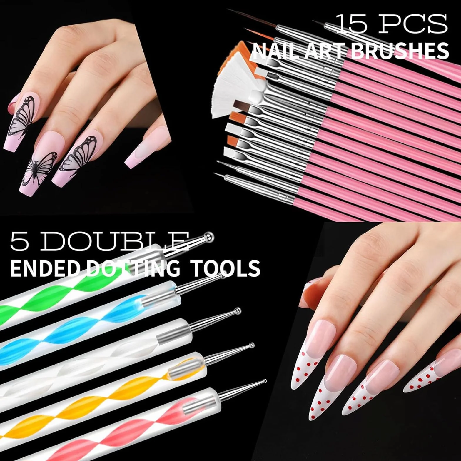 Kit Nail Art avec 5 Boîtes de Charms 3D Strass, 15 Pinceaux, 5 Outils de Pointage, 2 Supports de Vernis