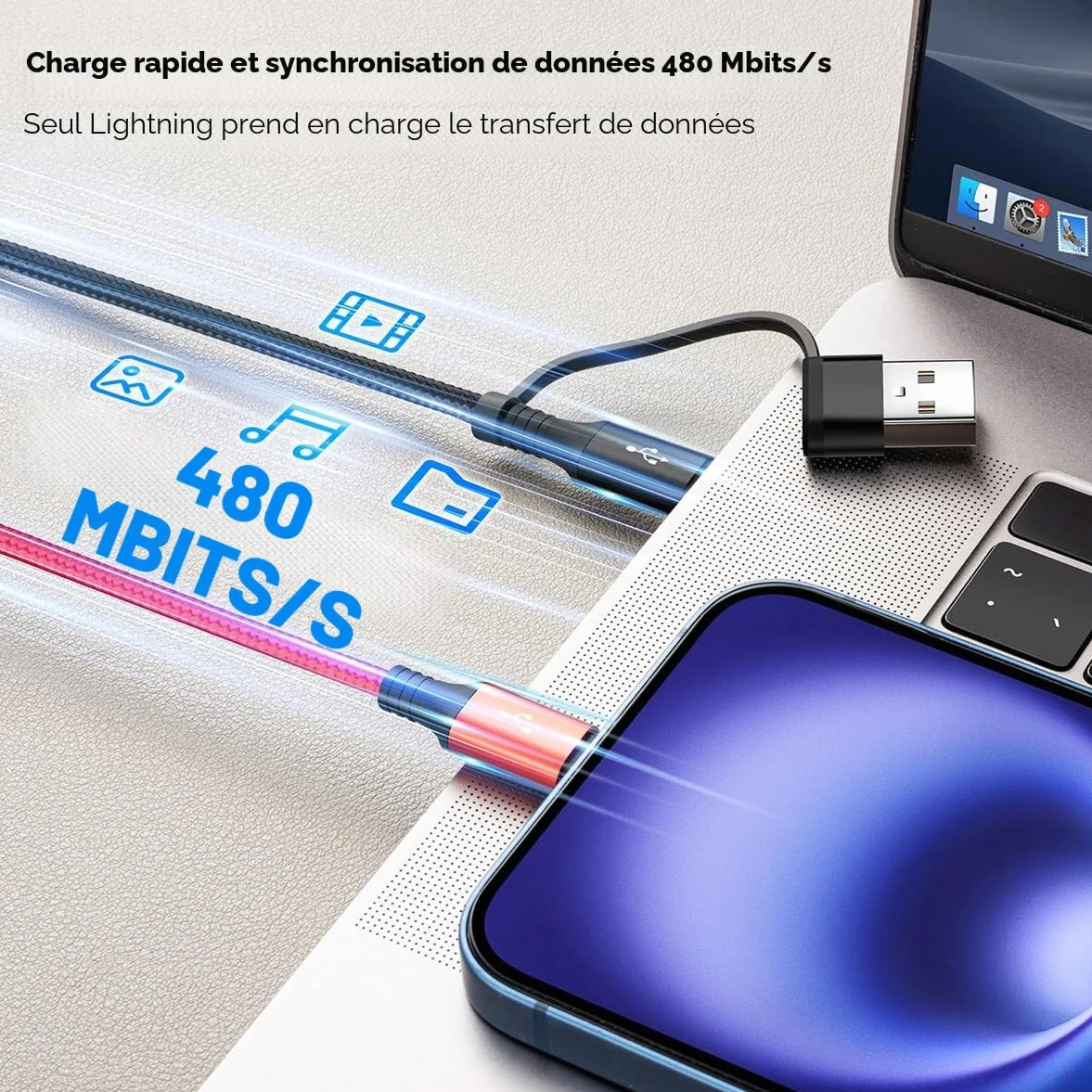 Minlu Câble de Charge 4 en 2, Cable Multi Embout avec Transfert de Données 3,5A 1,2M Nylon USB Rapide Micro/Type C/Lightning