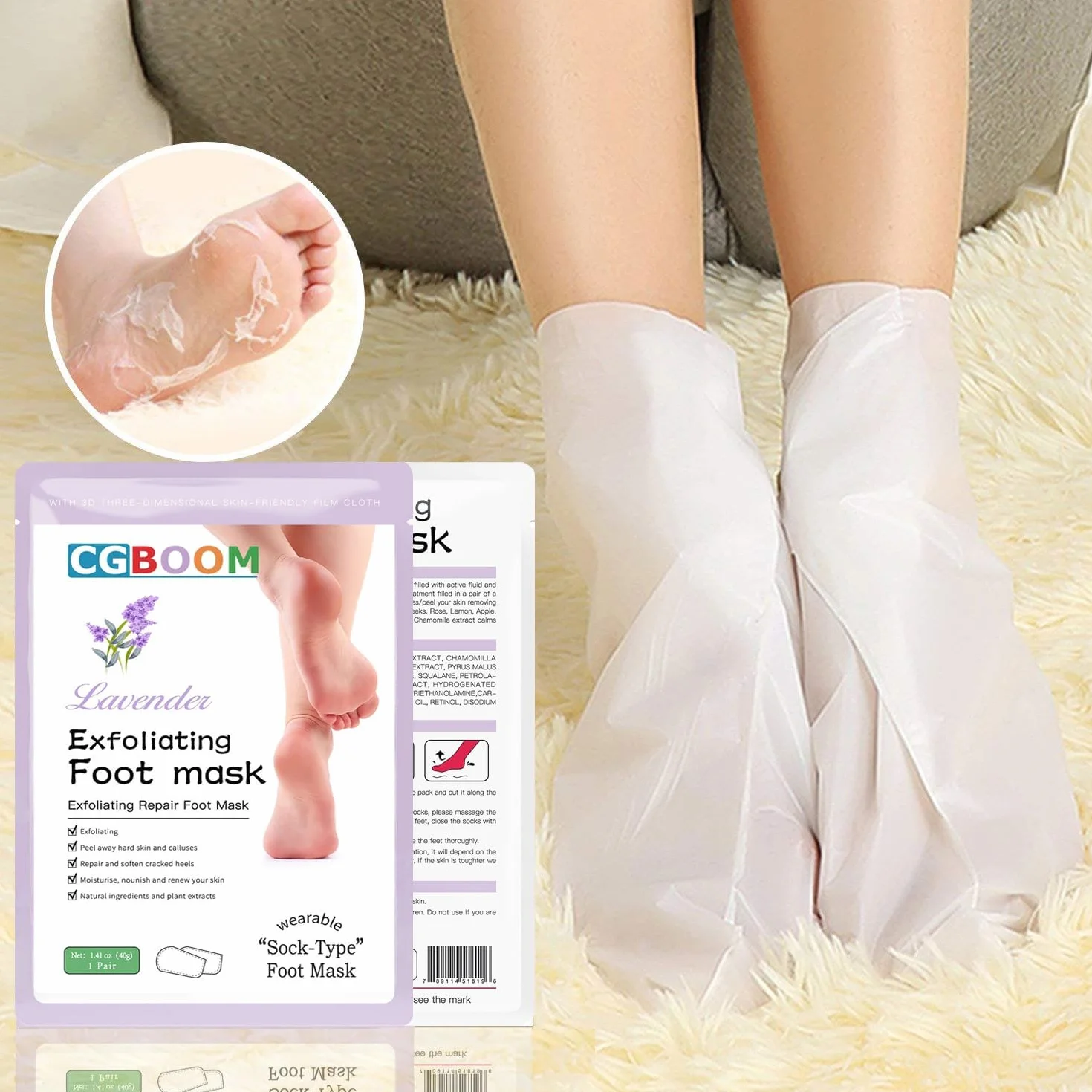 Masque Peeling Pieds Exfoliant Nourrissant Callosités Crevasses Pieds Secs Lavande