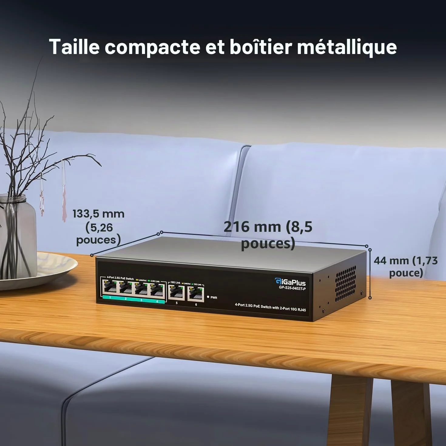 Switch Ethernet PoE Non administrable 6 Ports 10Gb avec 4 Ports PoE 2.5G Base-T et 2 Ports RJ45 10G. Capacité de Commutation de 60Gbit/s. Switch réseau GiGaPlus 10Gbit/s pour NAS/PC 2.5G/10Gbit/s