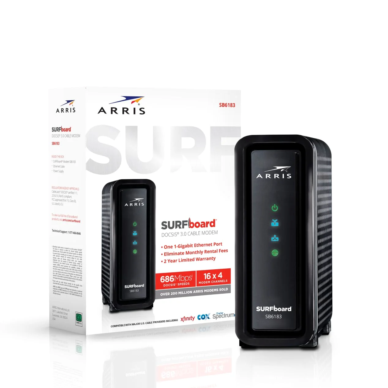 ARRIS SB6183 Modem câble – Modem câble DOCSIS 3.0 16 x 4 Gigabit Rapide, pour Comcast Xfinity, Cox, Spectrum et Plus, Port 1 Gbit/s, Vitesse Internet maximale de 400 Mbit/s