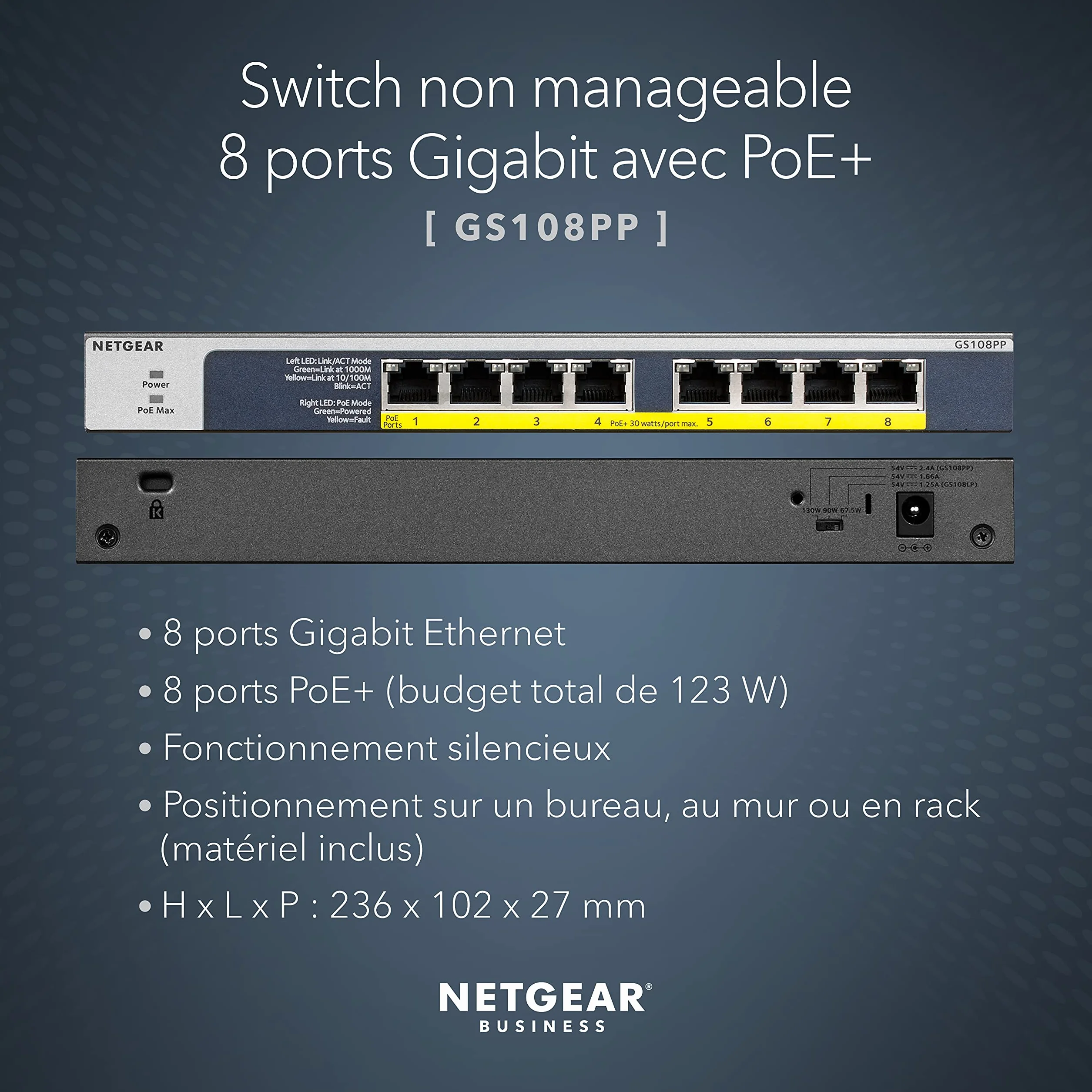 NETGEAR GS108PP Switch Ethernet PoE+ 8 Ports RJ45 Métal Gigabit 10/100/1000 123W Bureau Mur Rackable