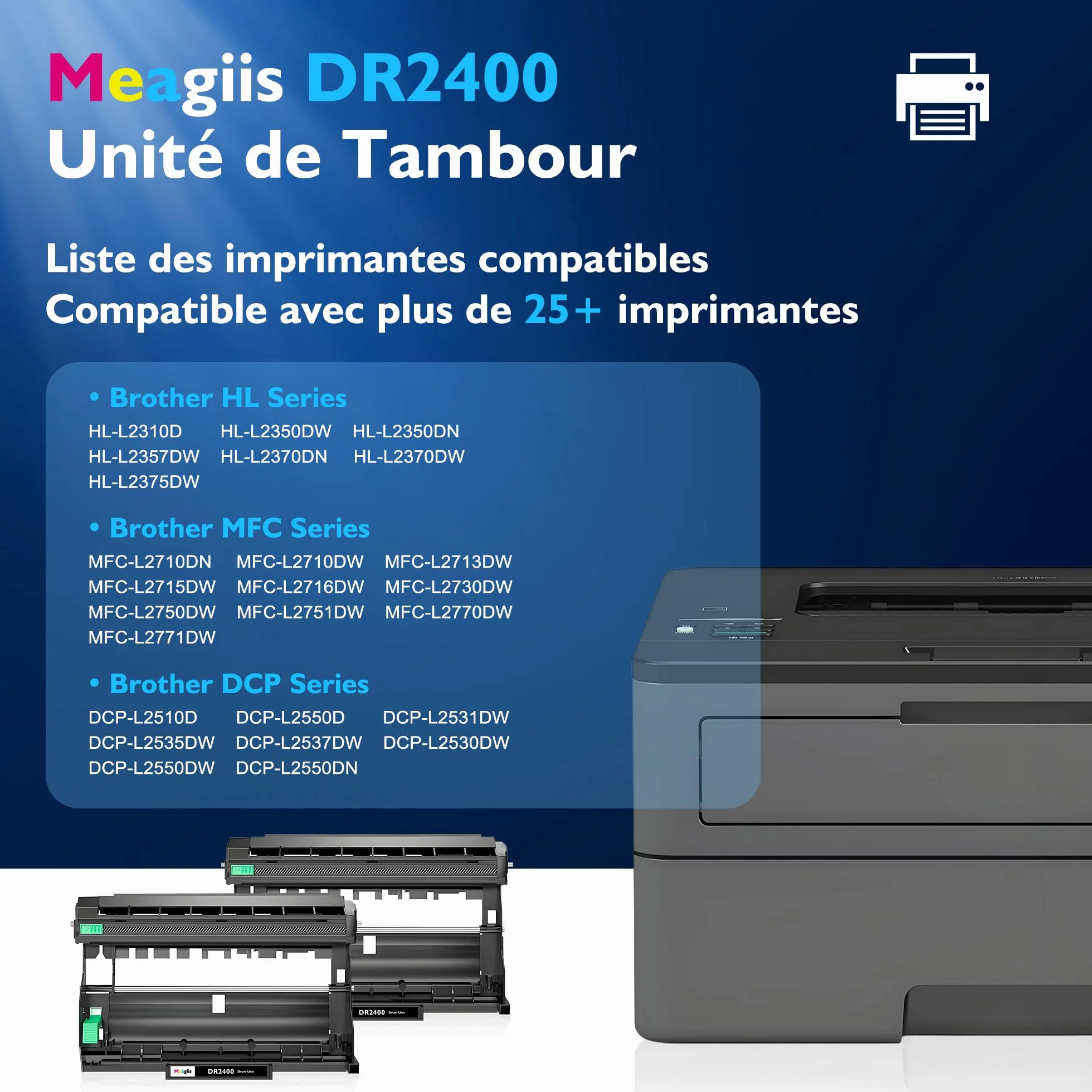 Brother DR-2400 Unité de Tambour compatible pour DCP-L2530DW, DCP-L2510D, HL-L2350DW, HL-L2310D, HL-L2357DW, MFC-L2710DW, MFC-L2710DN, MFC-L2730DW, MFC-L2750DW (2 Paquet)