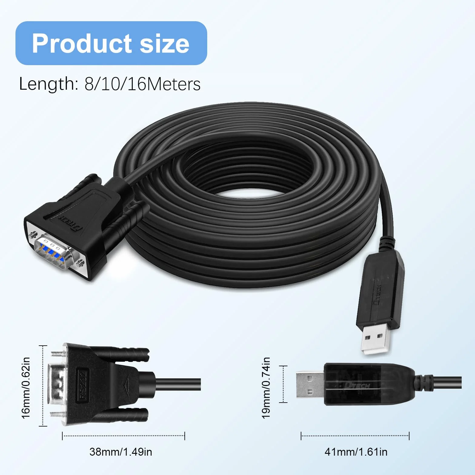 DTECH Câble USB vers mâle RS232 10 m - Adaptateur port série USB vers DB9 avec voyants lumineux LED, compatible avec Windows 11/10/8/7, Linux, Mac OS, prise pour imprimante, CNC, équipementiers
