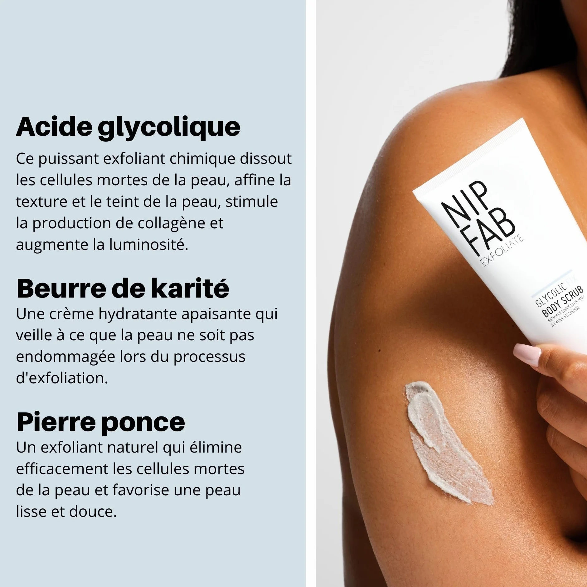 Nip+Fab Gommage Corporel Glycolic Fix Exfoliant Doux, Perles de Beurre de Karité et de Ricin Blanc, 200 ml