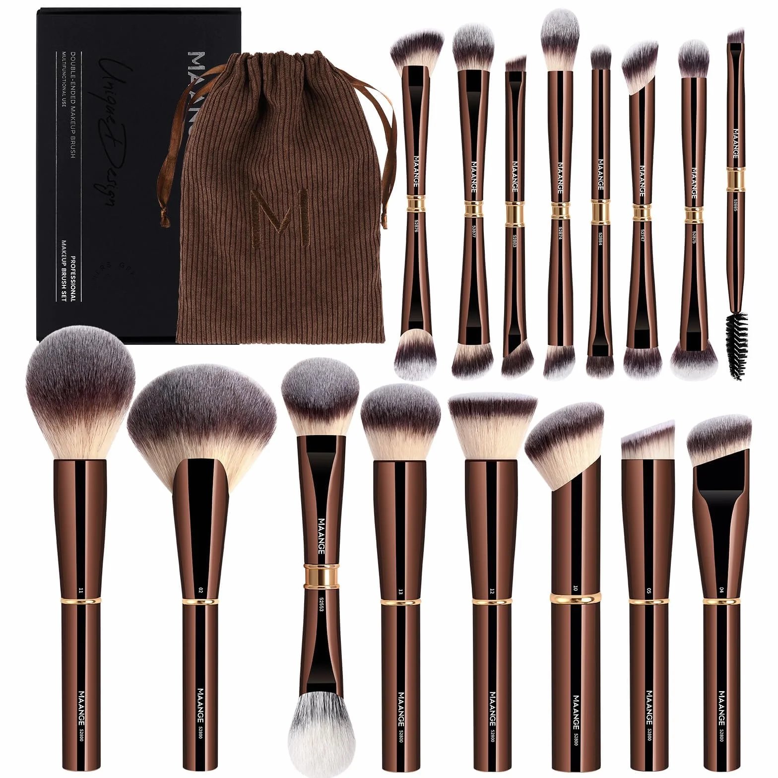 MAANGE Pinceaux Maquillages 16 Pièces Coffret Double Face Fond de Teint Poudre Contour Fard à Joues Set Complet