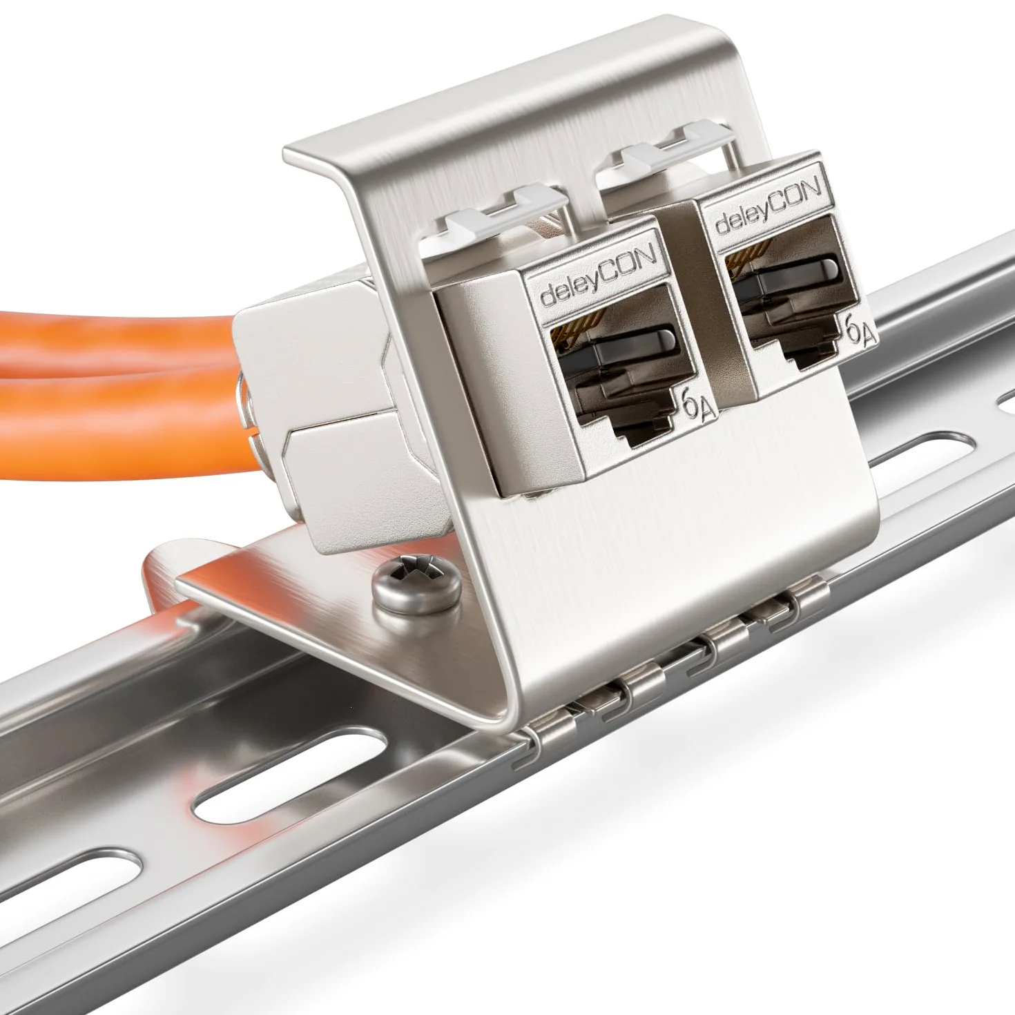 deleyCON 4x CAT6a Keystone Jack Module Avec 4x 2-Port Adaptateur Pour Profilé Chapeau Comme Set Métal STP Blindage RJ45 Femelle 10 Gbit/s Réseau Montage Snap-In Pour Profilés Chapeau 35mm