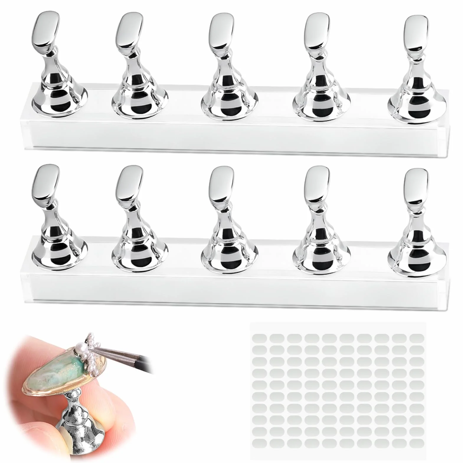 Supports Magnétiques pour Faux Ongles avec Base Acrylique et 100 Autocollants, Présentoir Nail Art Argent