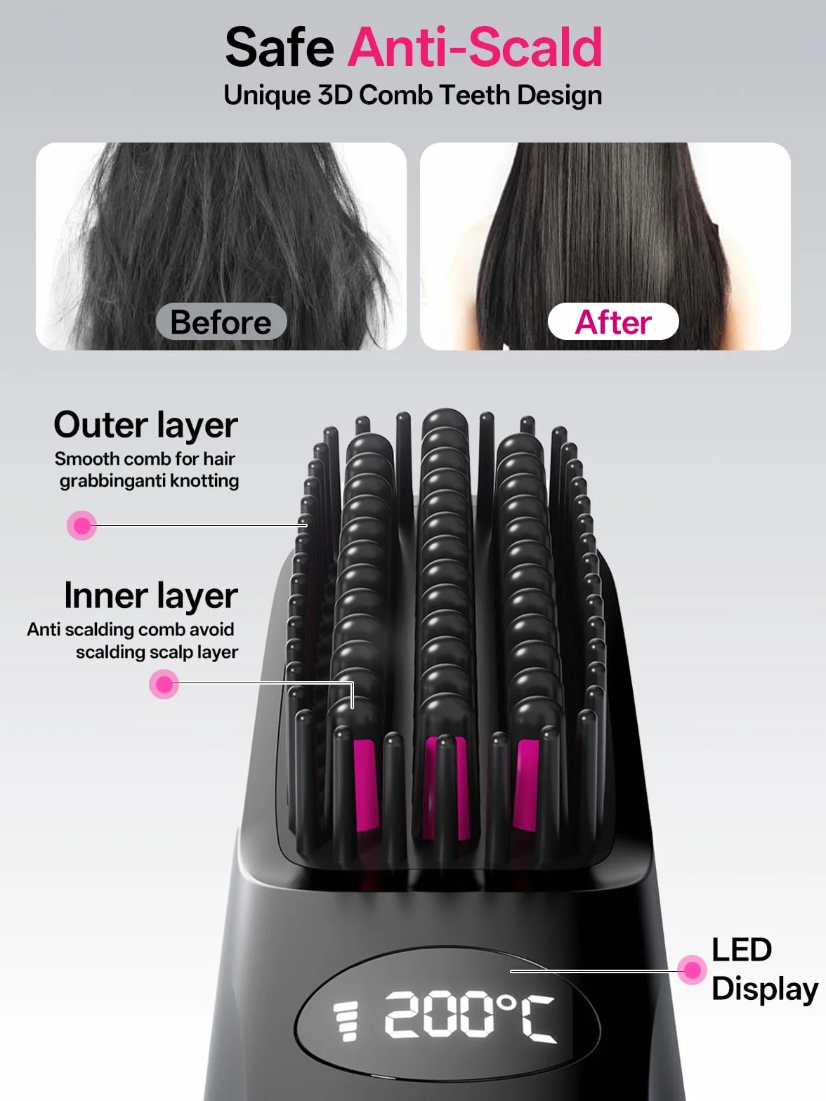 Brosse Lissante Sans Fil LCD 3 Niveaux Température 160-200°C 4000 mAh USB-C Noir