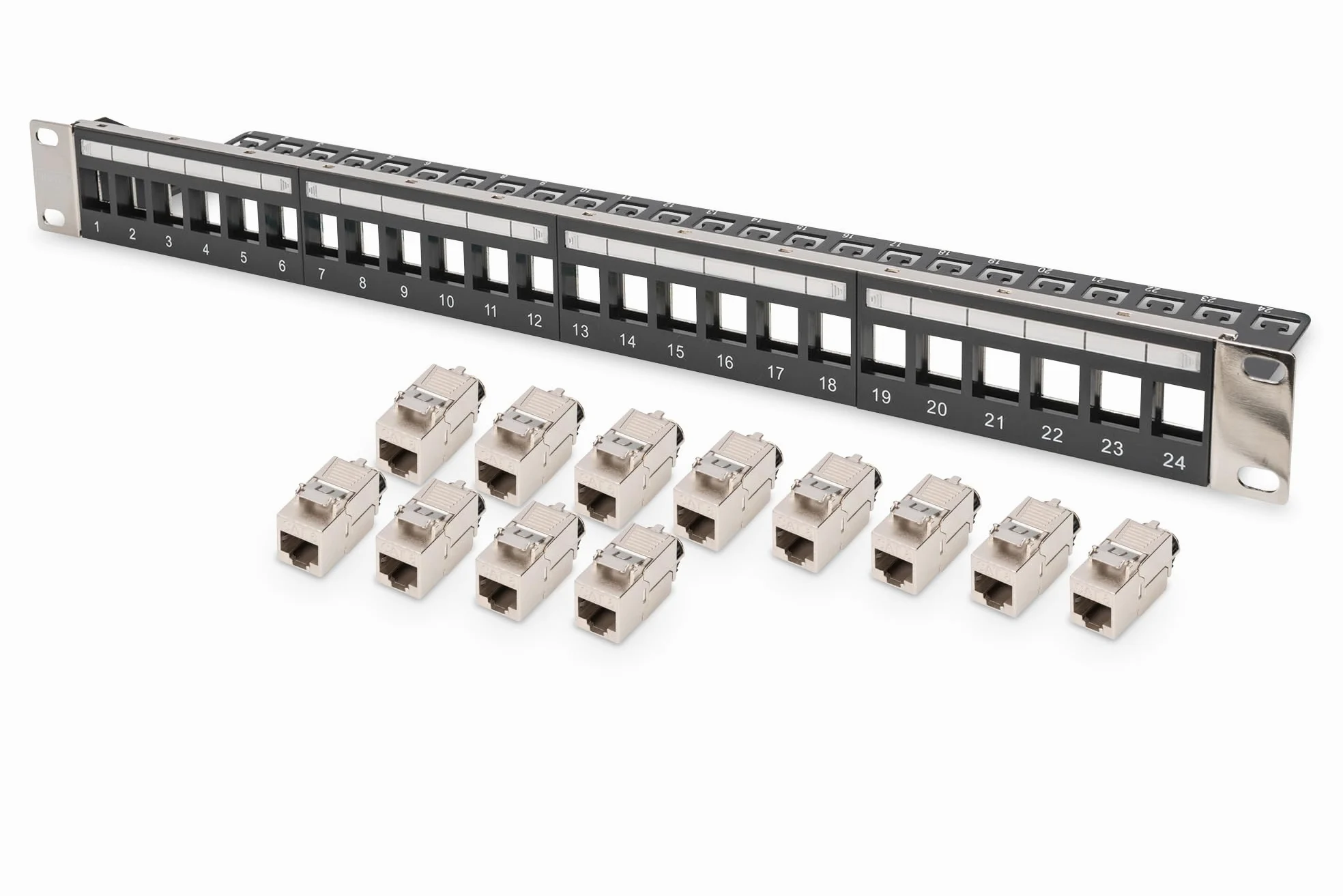 DIGITUS Set: Panneau de Brassage - modulaire - 19 Pouces - 24 Ports - blindé - Montage en Rack 1U - Noir - avec 12x Module Keystone Cat8.1