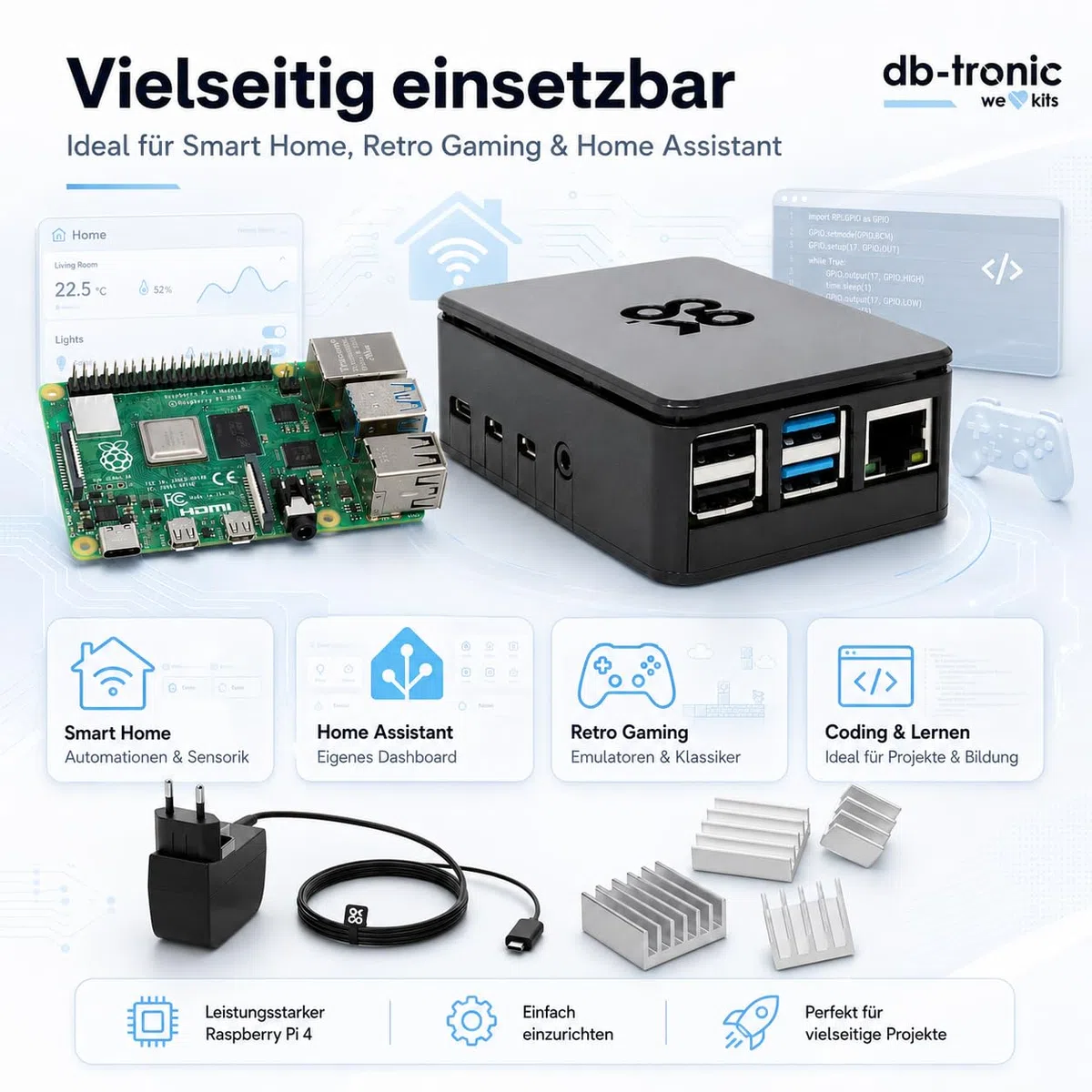 db-tronic OKdo Raspberry Pi 4 Model B Kit de démarrage 4 Go - Bloc d'alimentation 15 W - Boîtier noir - Dissipateur thermique - Idéal pour la maison intelligente, le jeu rétro et l'assistant à