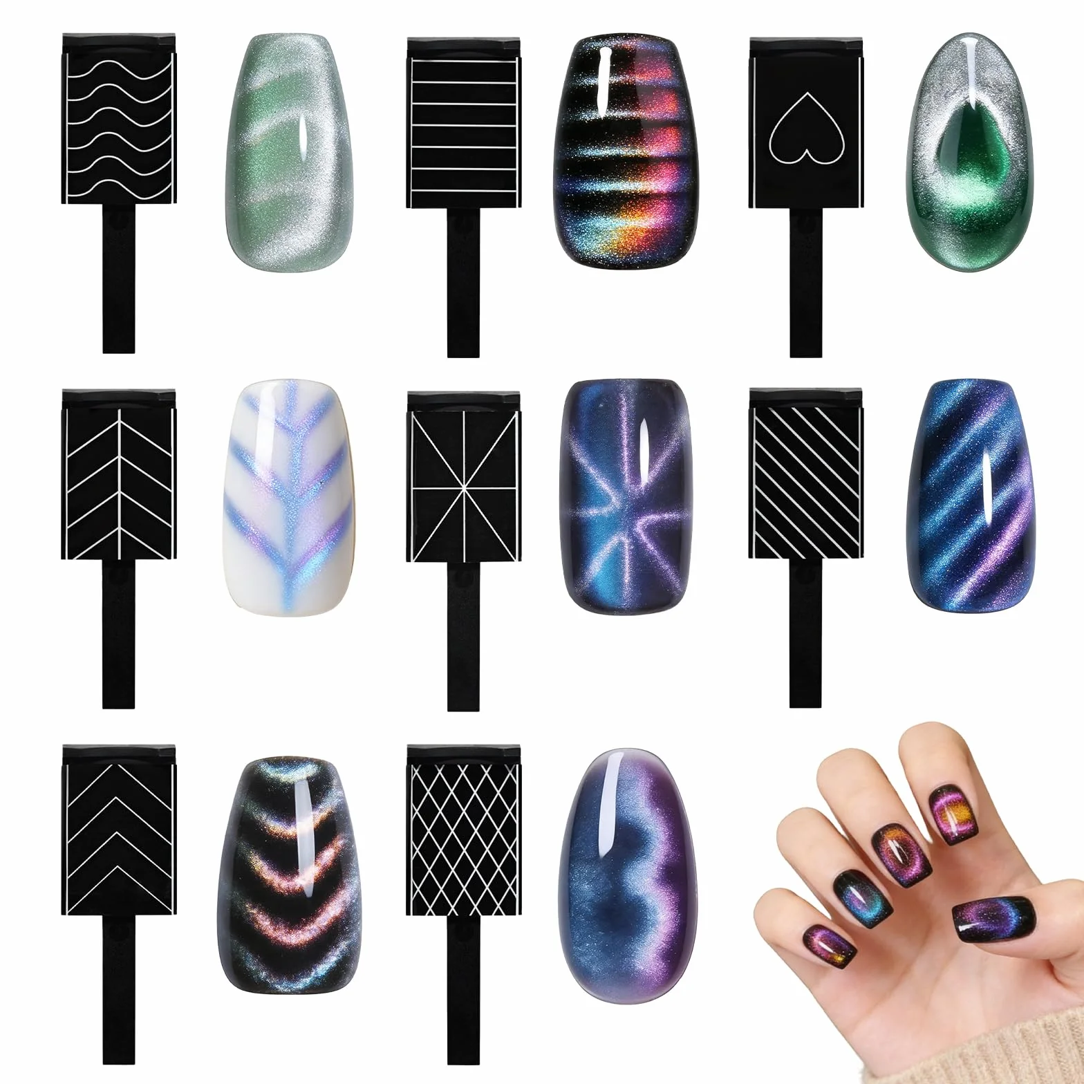 Kit Aimant Cat Eyes Ongles 17 Pièces, Magnétiques DIY Portable Compatible Vernis Gel