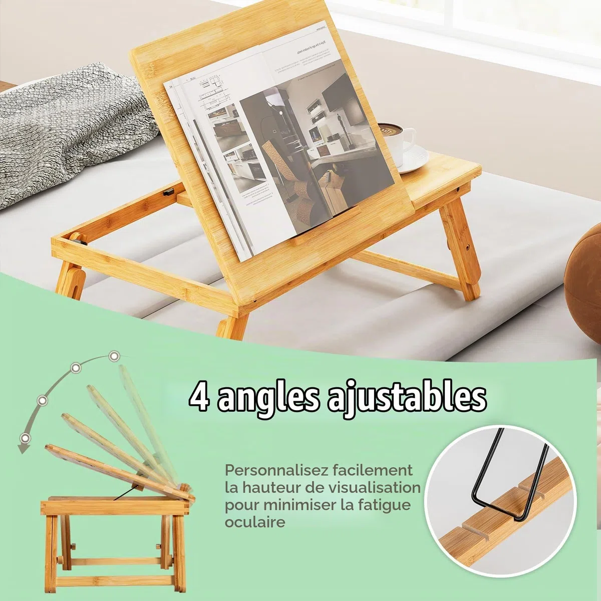LIFEZEAL Table de Lit Pliable en Bambou, Plateau Inclinable, Hauteur Réglable, Support Ordinateur Portable Avec Trous de Refroidissement, Tiroir, 53x33x20-26,5 cm, Naturel