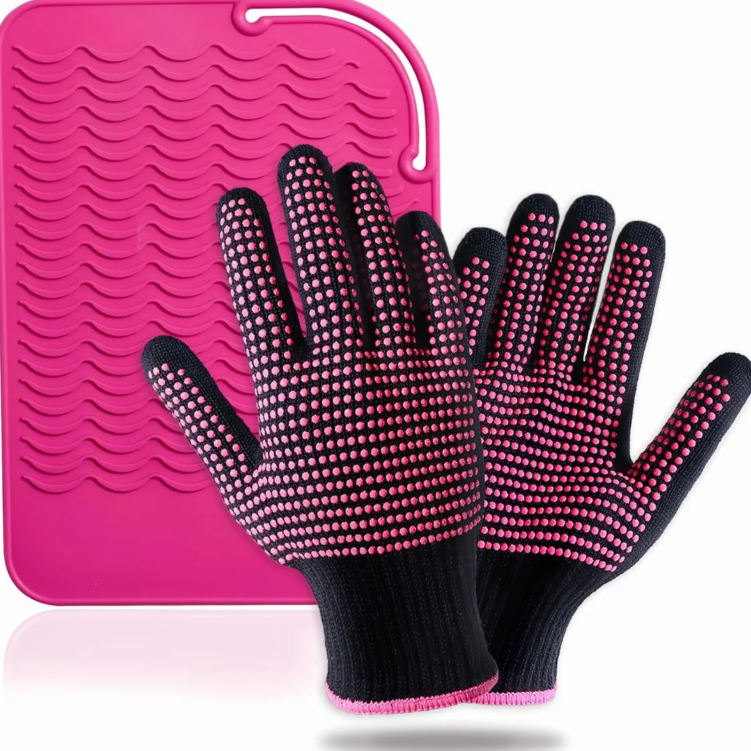Gants Anti Chaleur et Coussin Anti-brûlure pour Coiffure, Rose