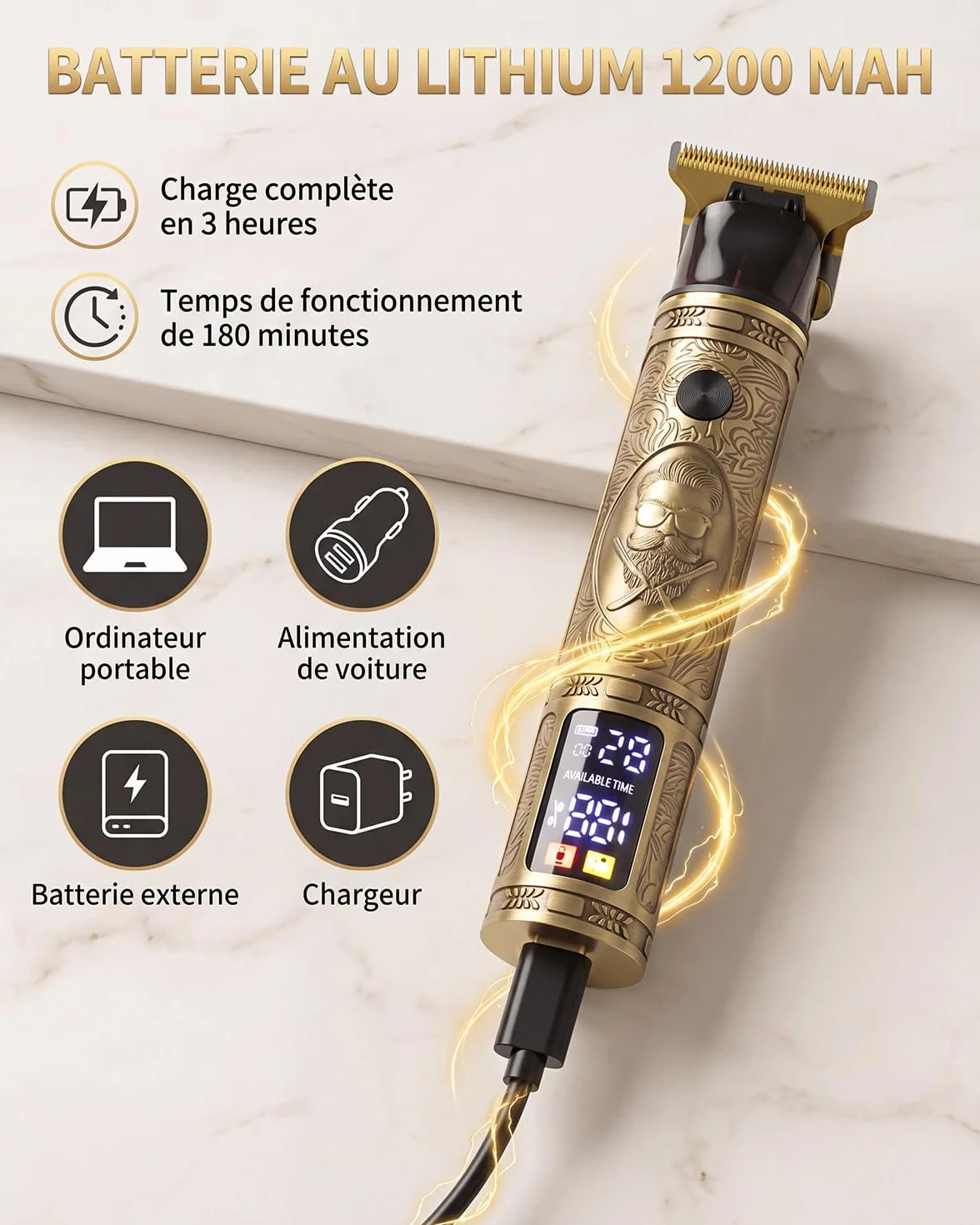 Tondeuse Cheveux Homme Sans Fil IPX7 Étanche avec Écran LED, Tondeuse Barbe Zéro écart Rechargeable Professionnelle