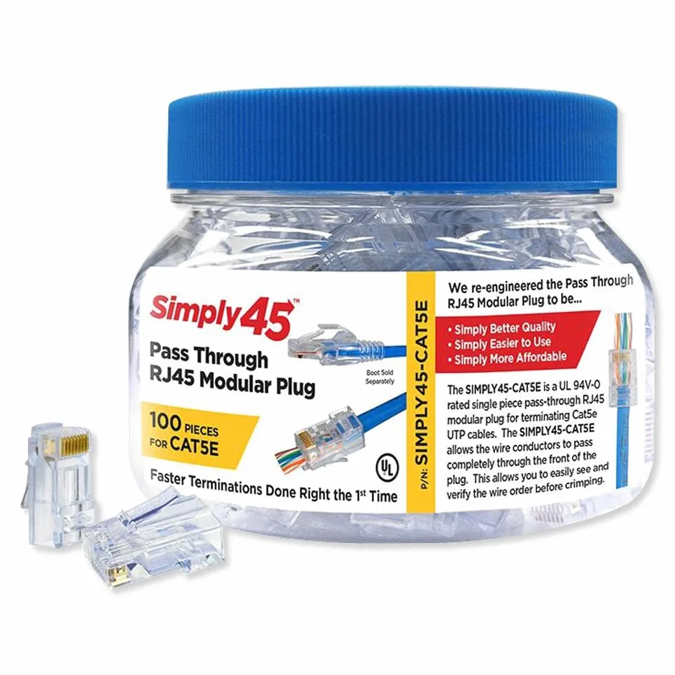 Simply45 Prise modulaire RJ45 non blindée | Pour CAT5E UTP, 24AWG solide, 28-26AWG toronné, 3 broches, bleu clair, 100 pièces - S45-1500