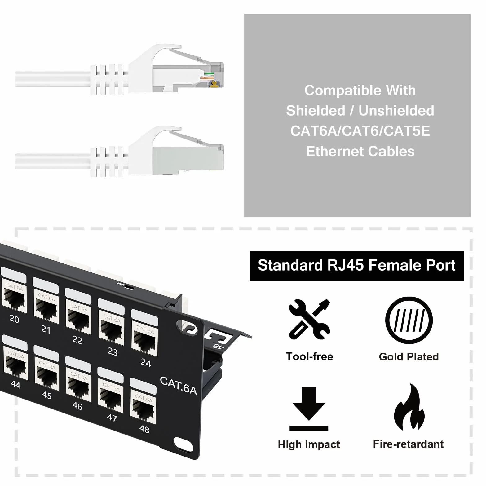 iwillink Panneau de brassage blindé Cat6a 48 ports avec coupleur RJ45 Keystone | STP Panneau de brassage 10 Gbit/s 48,3 cm 2U avec barre arrière, montage mural/rack, câblage Cat5, Cat5e, Cat6
