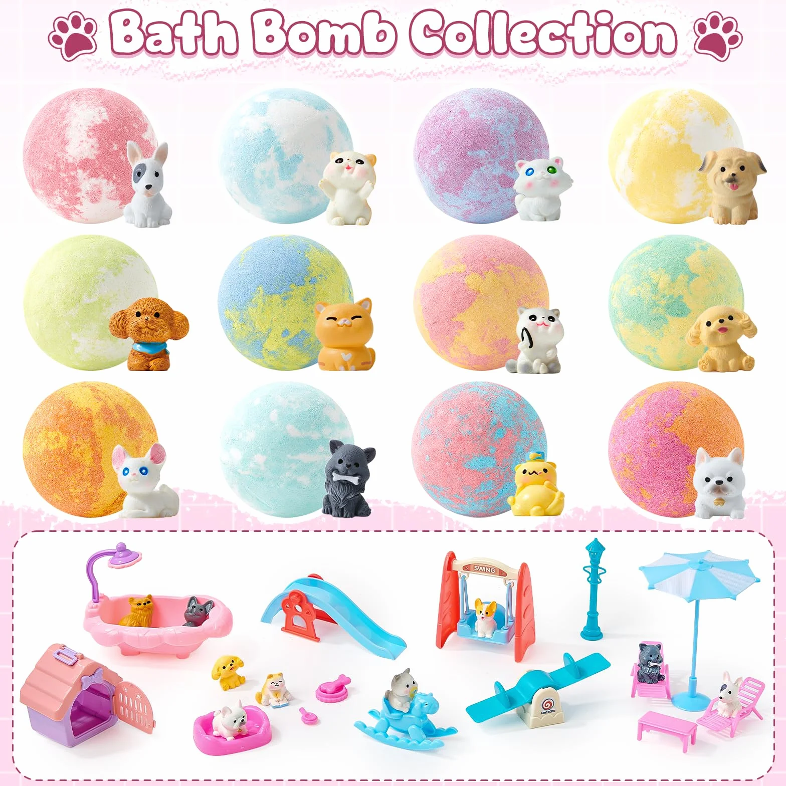 Bombe de Bain Enfant Surprise 12pcs Boule de Bain avec Jouets Chiens Chats Aromatherapie Cadeau Anniversaire Garçons Filles