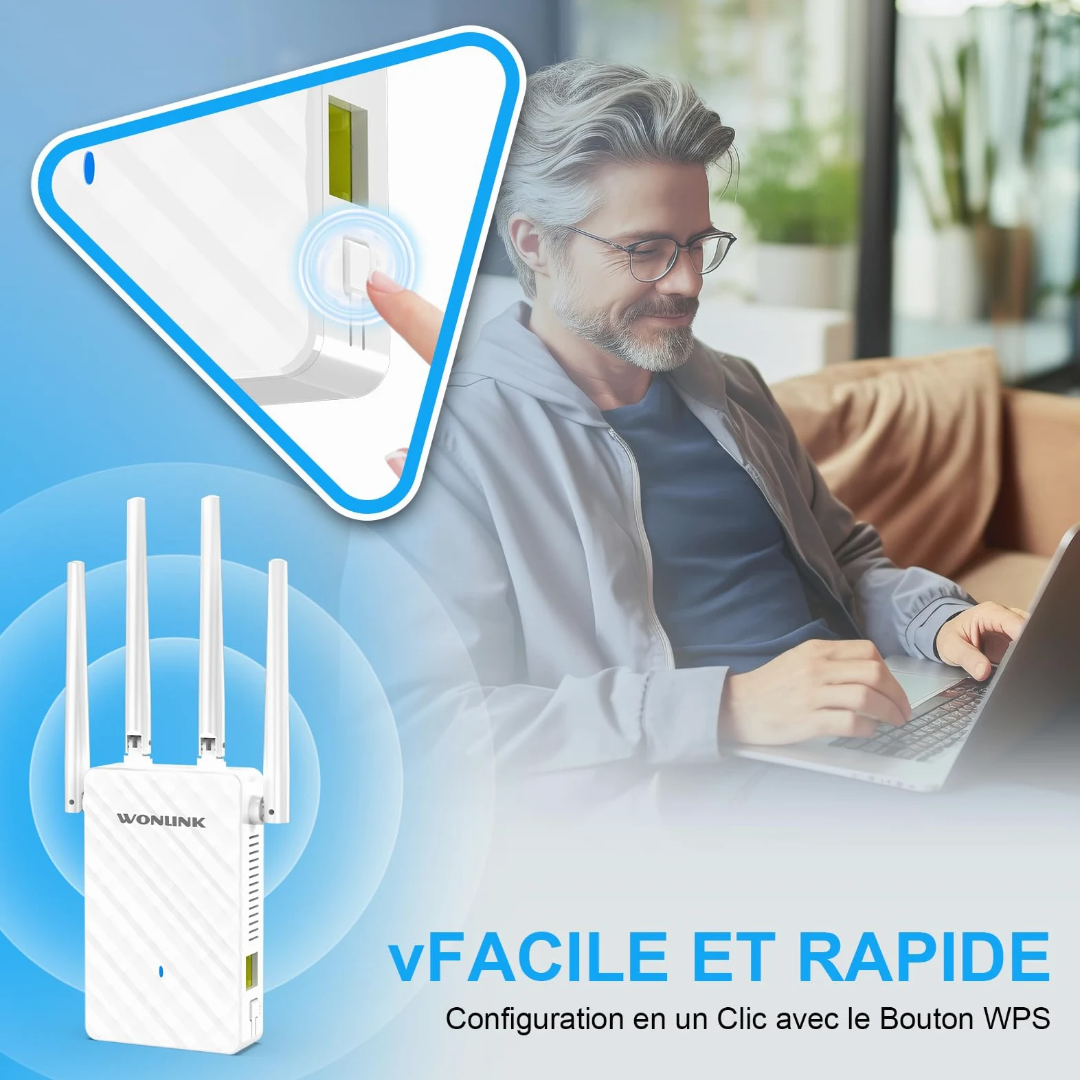Répéteur WiFi Puissant AC1200, Repeteur WiFi Double Bande 5GHz et 2,4GHz 1200Mbps Amplificateur WiFi avec Port Ethernet, 4 Antennes, WPS, Compatible avec Toutes Les Box Internet