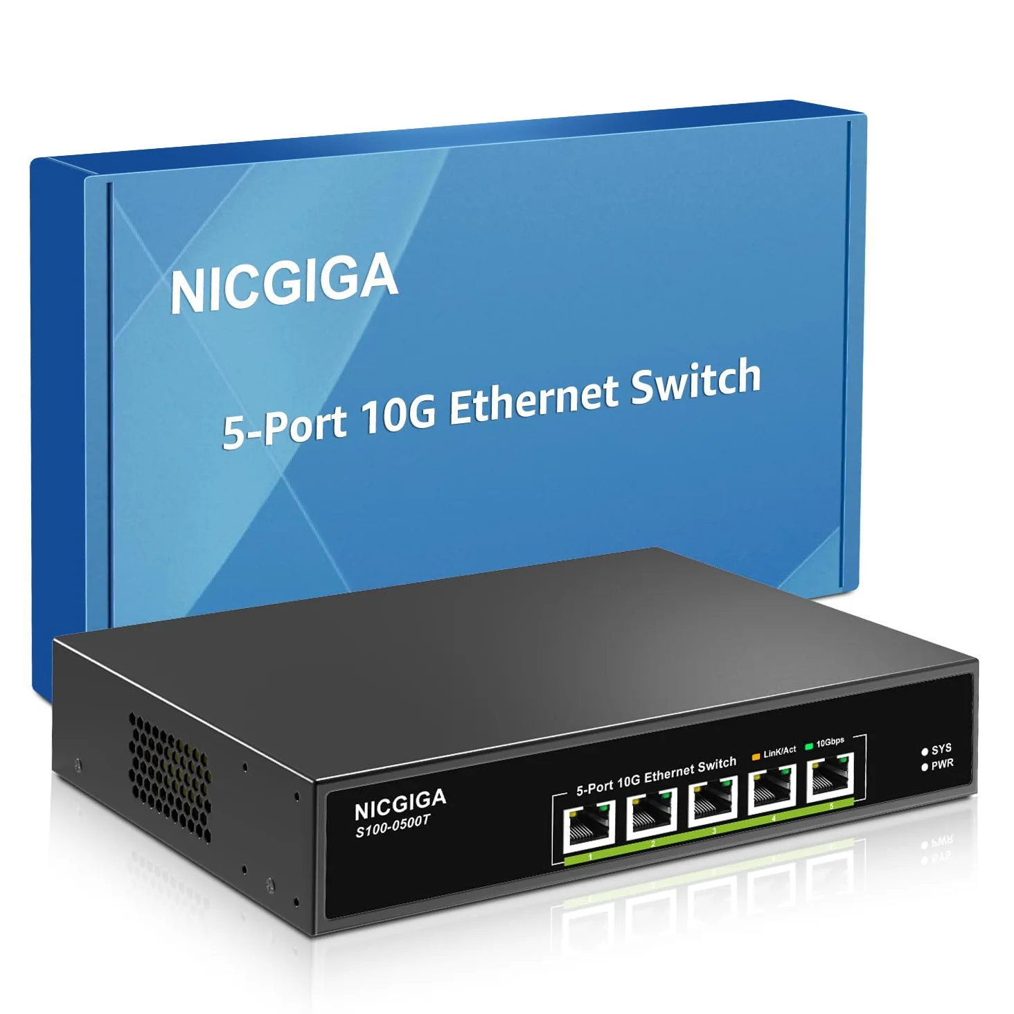 5 Port 10G Ethernet Switch Unmanaged,with 5X 10Gb Base-T RJ45 Ports, NICGIGA 10Gbps Network Switch Easy for 10Gbps NAS,PC,WiFi7 Router,10G Adapter/NIC. Desktop Or 19-inch Rack Mount, Plug and Play.