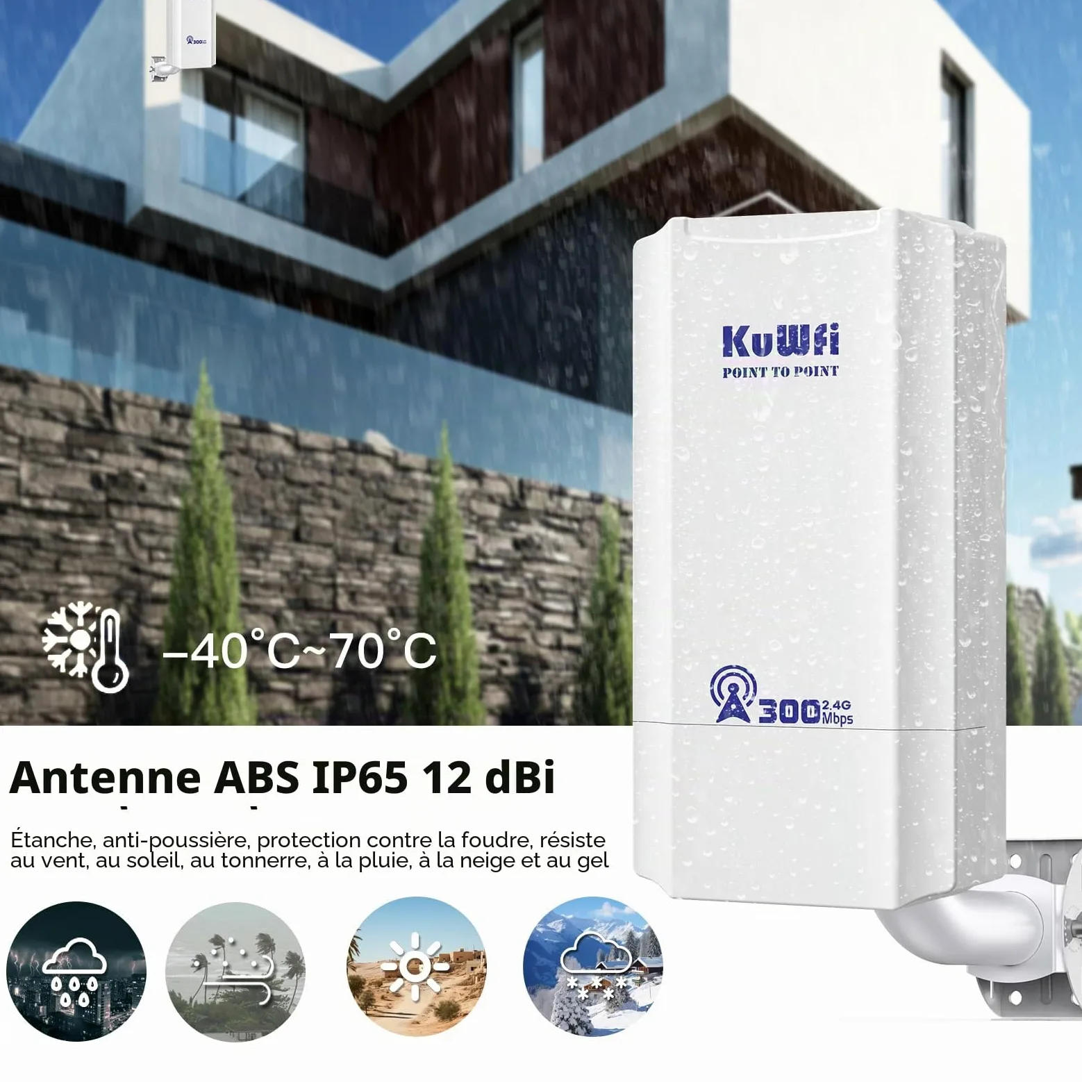 Point d'accès externe, pont sans fil KuWFi 2,4 GHz 300 Mbps, antenne Wi-Fi externe 8 dBi CPE avec écran LED pour la configuration WDS PT/PTMP, Wi-Fi point à point longue portée 1 km pour routeur/camér