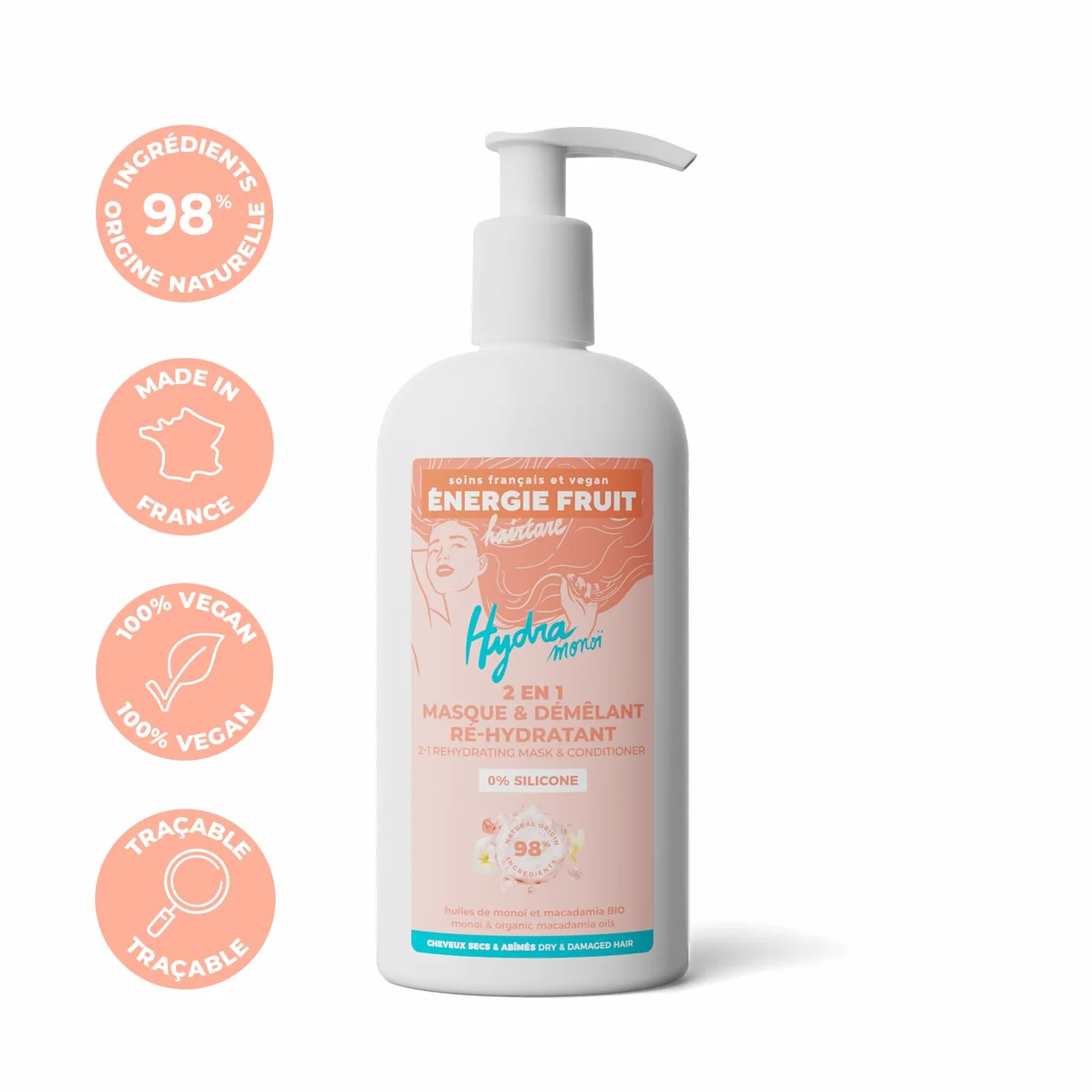 Masque Après Shampoing Cheveux Secs Abimés Monoï Huile de Macadamia BIO Vegan 300ml