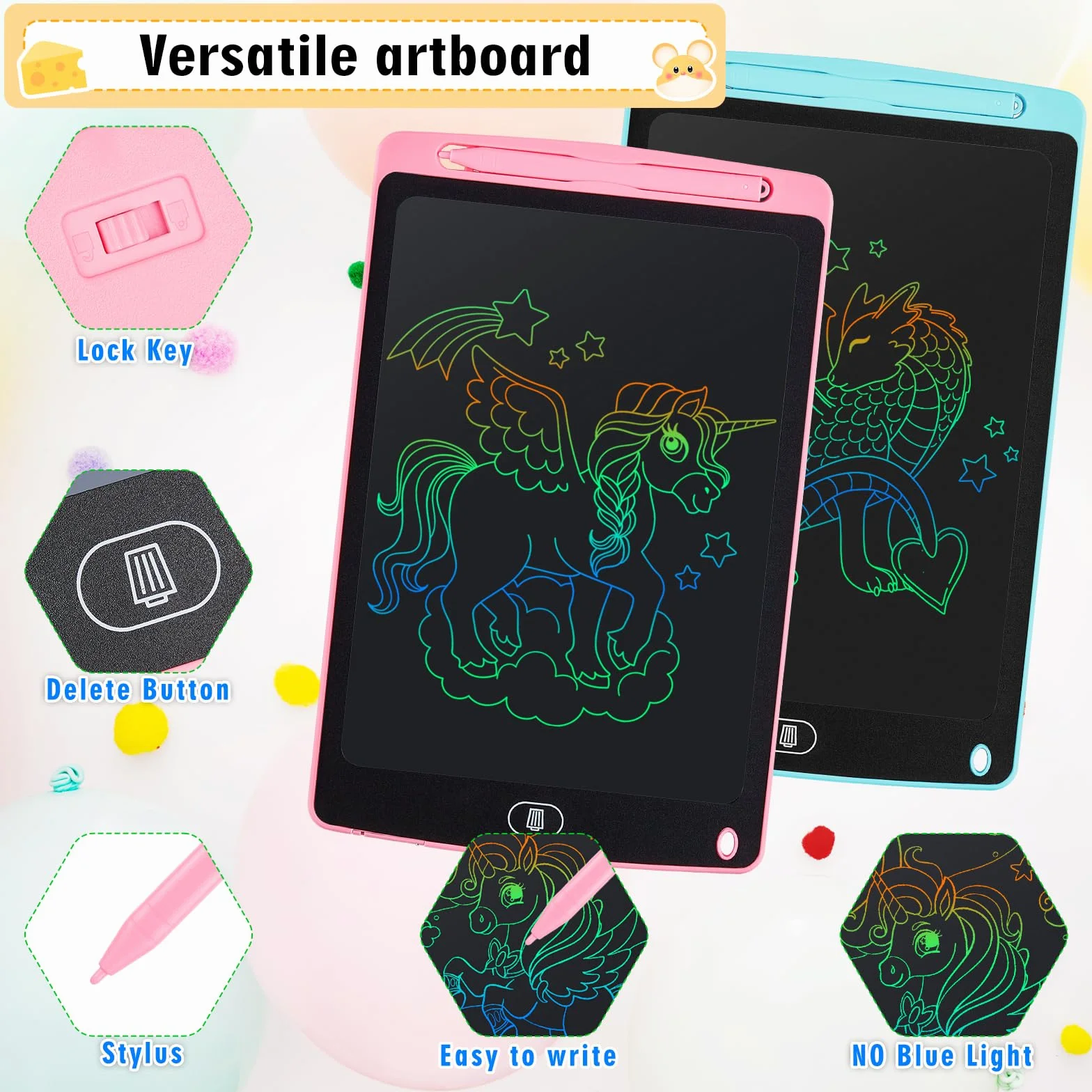 Tablette D'écriture LCD 10 Pouces avec Ecran Coloré, Bloc Effaçable Autocollants Animaux pour Enfants 3-6 Ans, Bleu + Rose