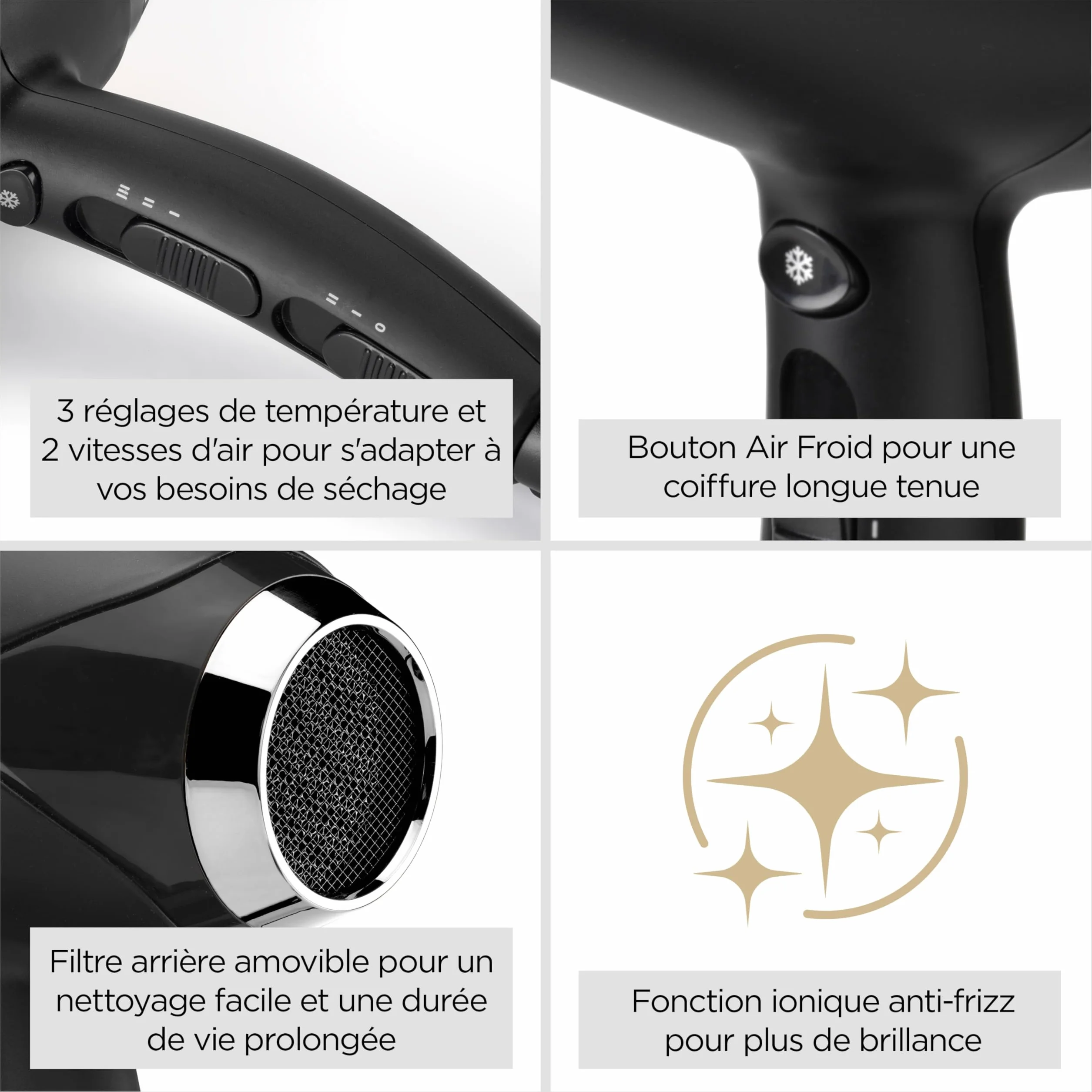 BaByliss Sèche-cheveux Turbo Smooth 2200W Diffuseur large Technologie ionique anti-frisottis 3 réglages température 2 vitesses Noir D572DE