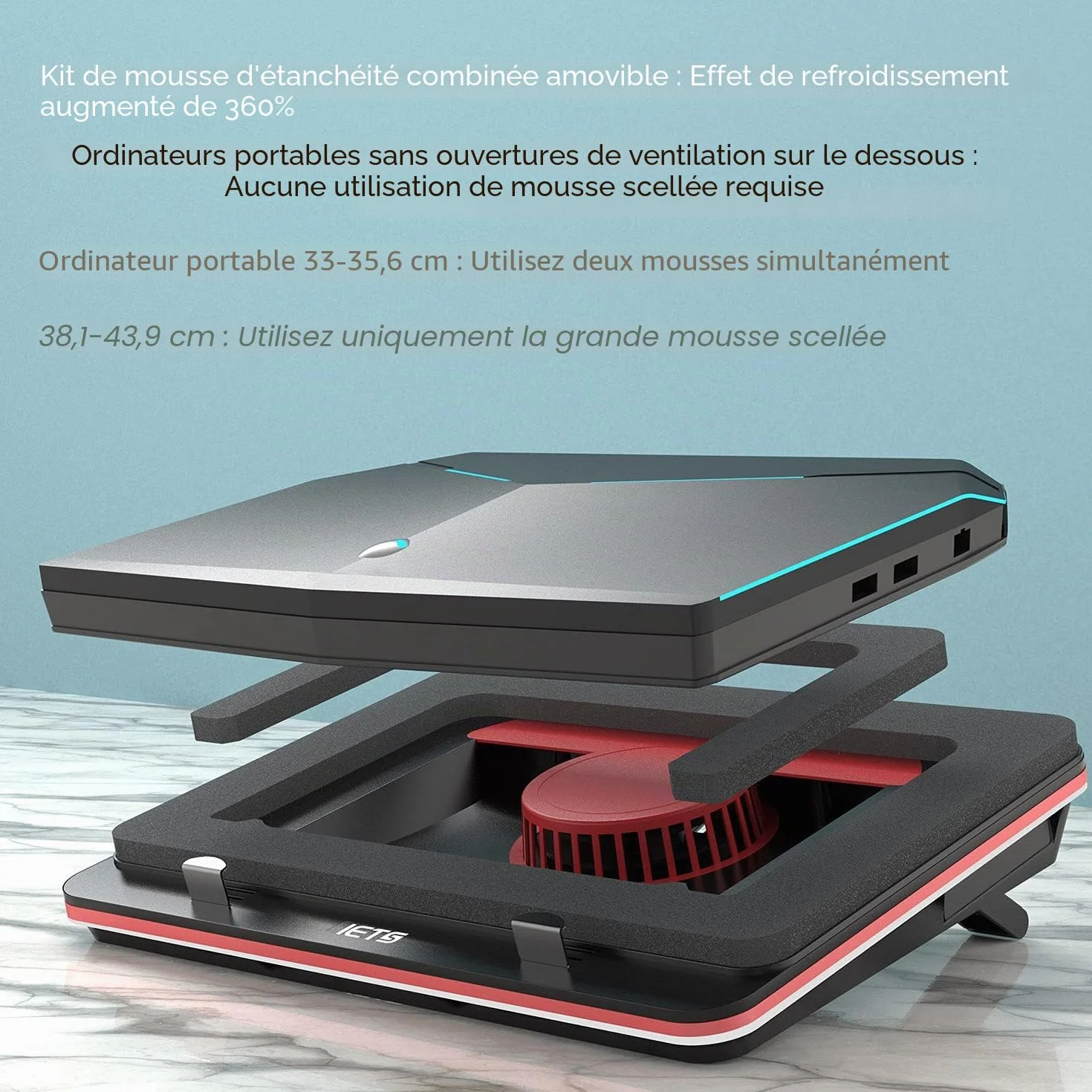 IETS GT500 Ventilateur turbo puissant 5000 tours/min pour ordinateur portable 13-17.3 pouces avec hub USB 3 ports