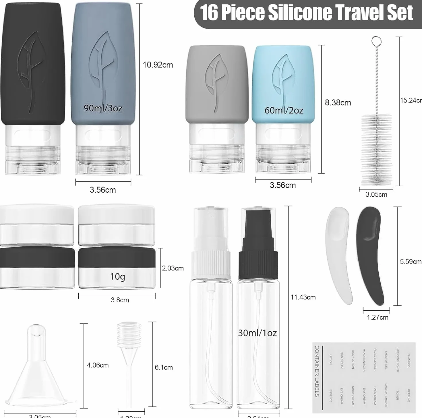 Flacons de Voyage en Silicone 17 Pièces Réutilisable Étanche Set Cosmétiques Shampoing sans BPA Noir