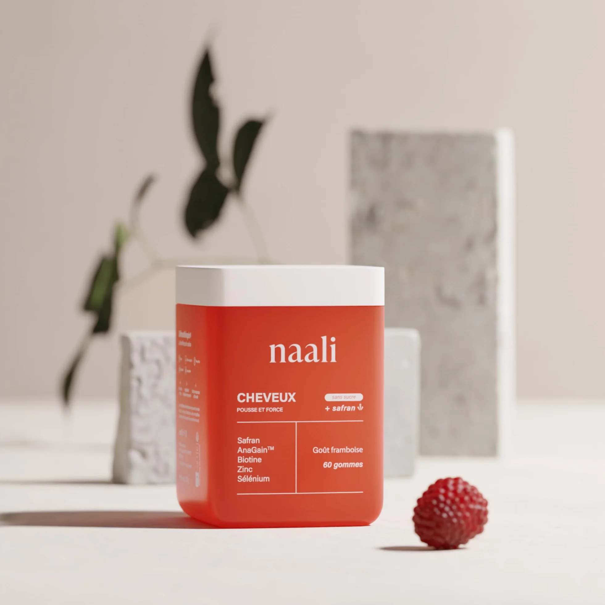 Naali Cheveux Gummies Safran AnaGain Zinc Sélénium 60 Gommes Complément Alimentaire Beauté Capillaire Maintien des Cheveux Normaux Sans Sucre Goût Framboise