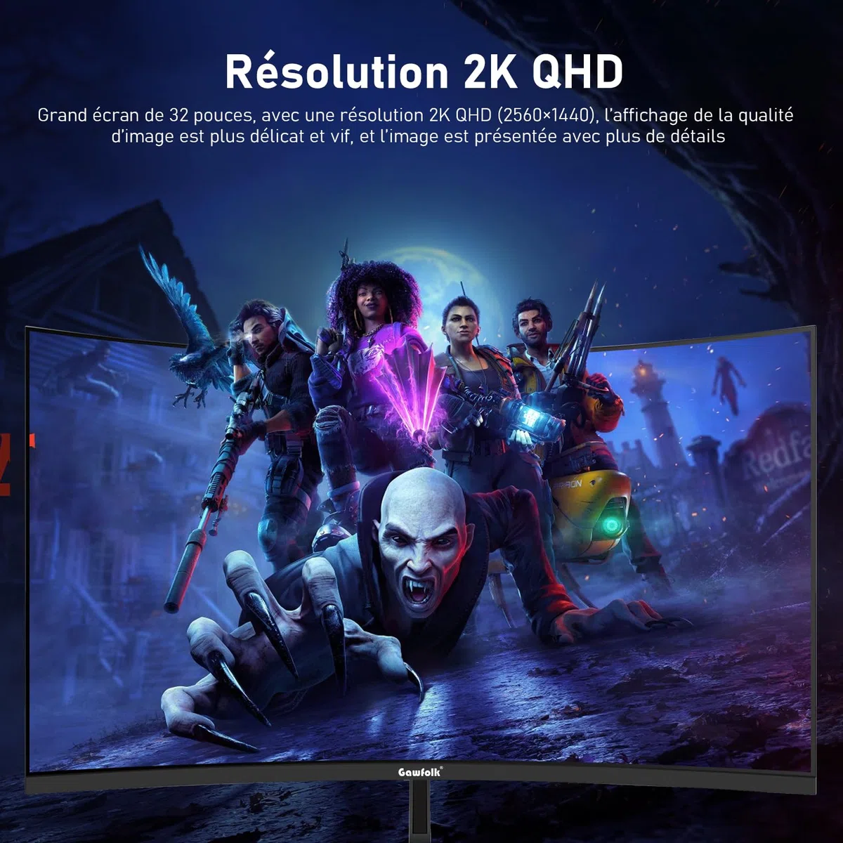 Gawfolk Écran PC 32 Pouces,2K WQHD(2560×1440P),165Hz incurvé Gaming Moniteur, 1ms sans Lunette, 100% sRGB，178 ° Angle Vue HDMI、DisplayPort, Compatible avec Mural VESA100*100MM - Noir