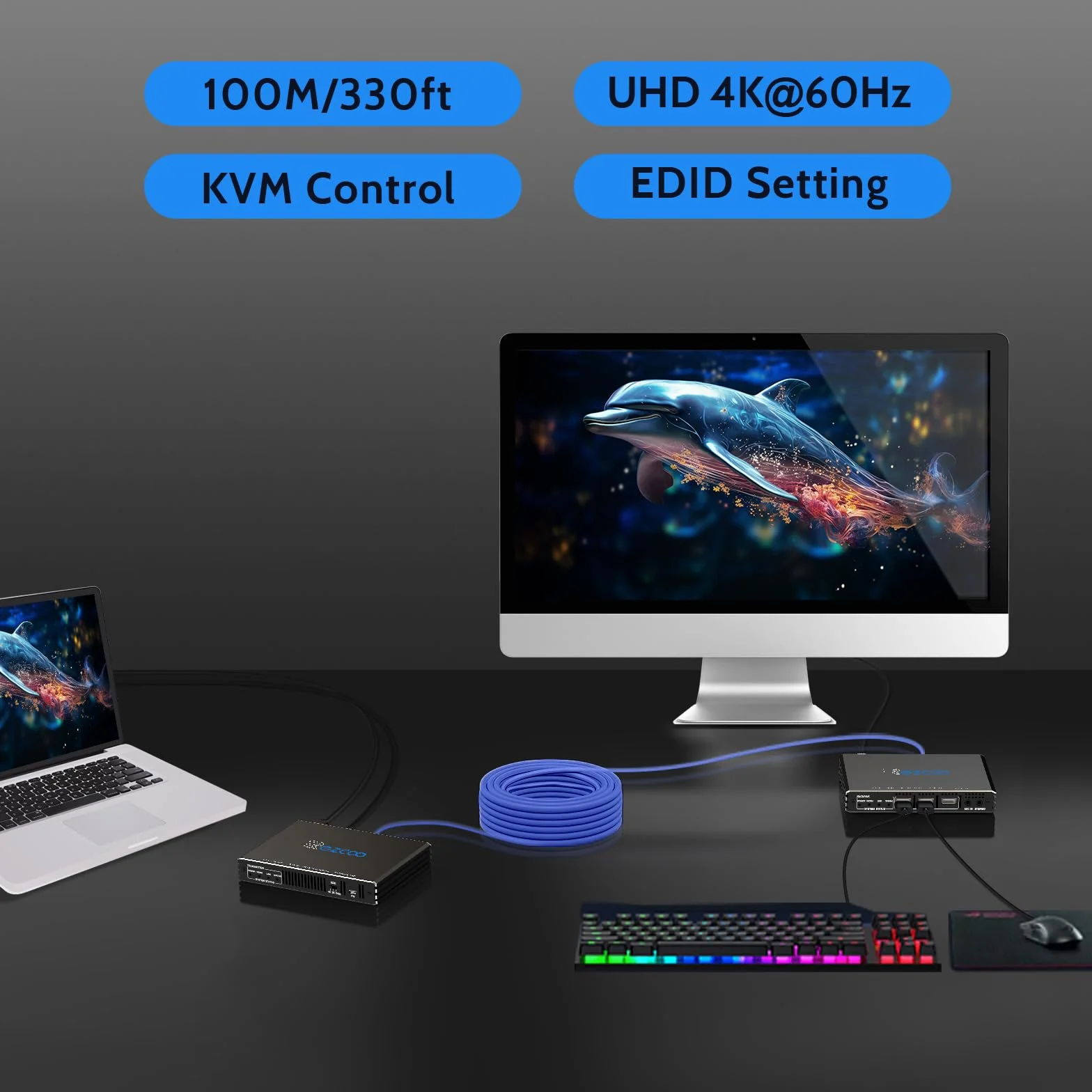 ROFAVEZCO Extenseur KVM HDMI 4K@60Hz 100m Extender HDMI PoE bidirectionnel USB 2.0 RS232 HDCP2.2 EDID HDR sur câble Cat6a/7 Contrôle à Distance PC/Souris/Clavier - pour Home Cinéma et Gaming